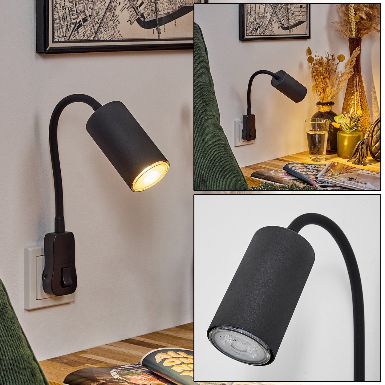 hofstein Wandleuchte »Gambellara« moderne Wandlampe aus Metall in Schwarz, ohne Leuchtmittel, mit verstellbarem Lesearm und An-/Ausschalter, GU10