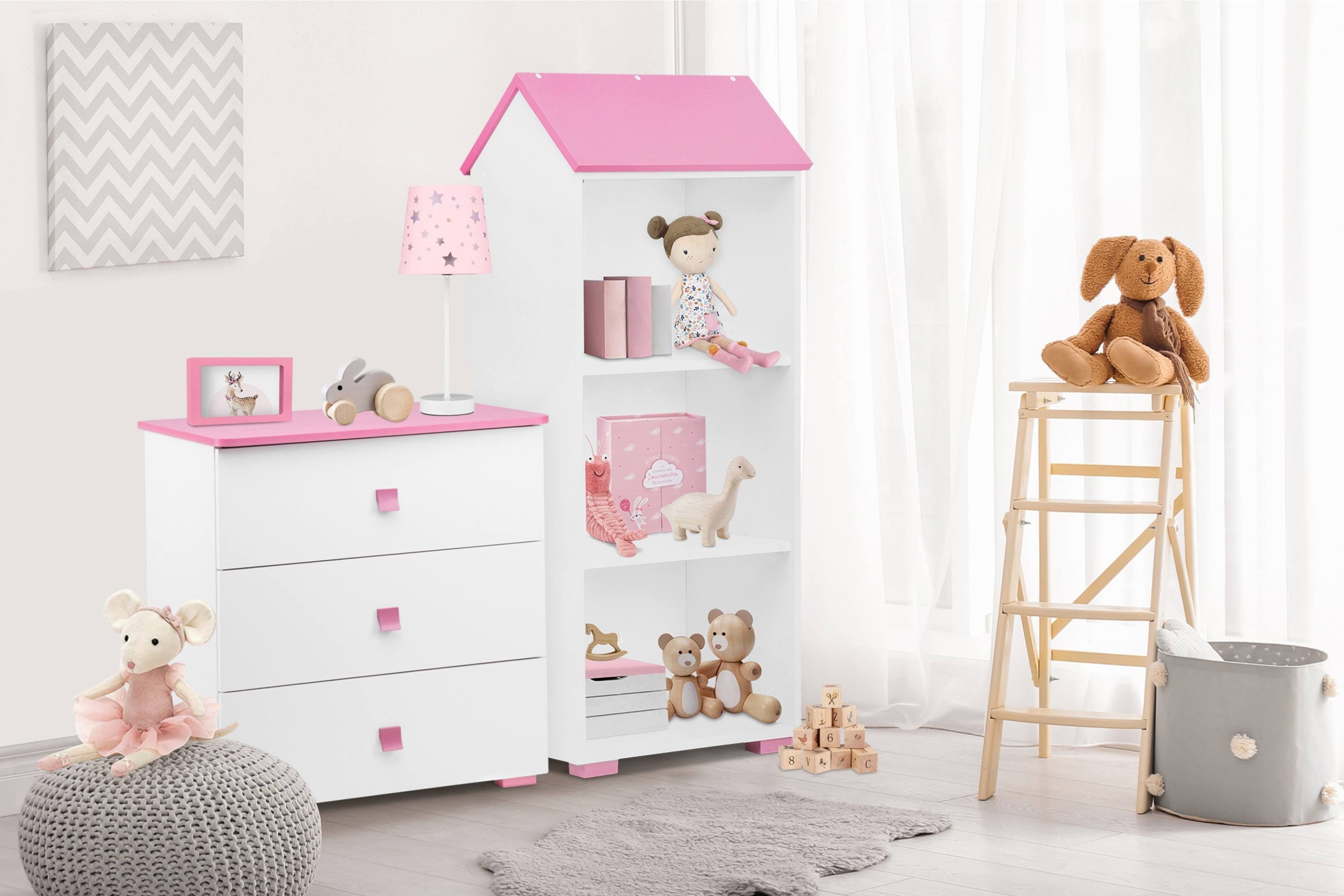 Regal-Set Konsimo Kinderzimmer, Jugendzimmer-Set Möbel PABIS, Hausform weiß/rosa für (2tlg)