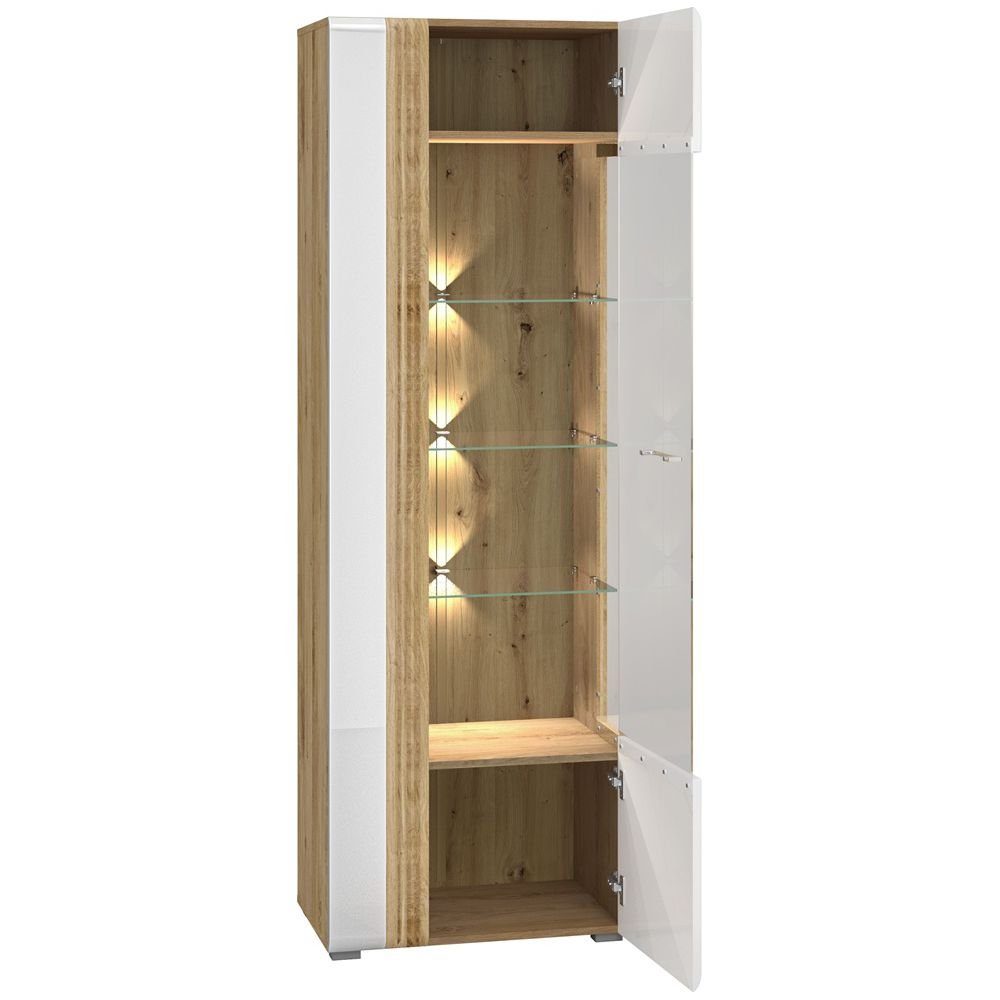 Lomadox Vitrine AKRON-131 Vitrinenschrank Eiche Nb. mit weiß Hochglanz, B/H günstig online kaufen