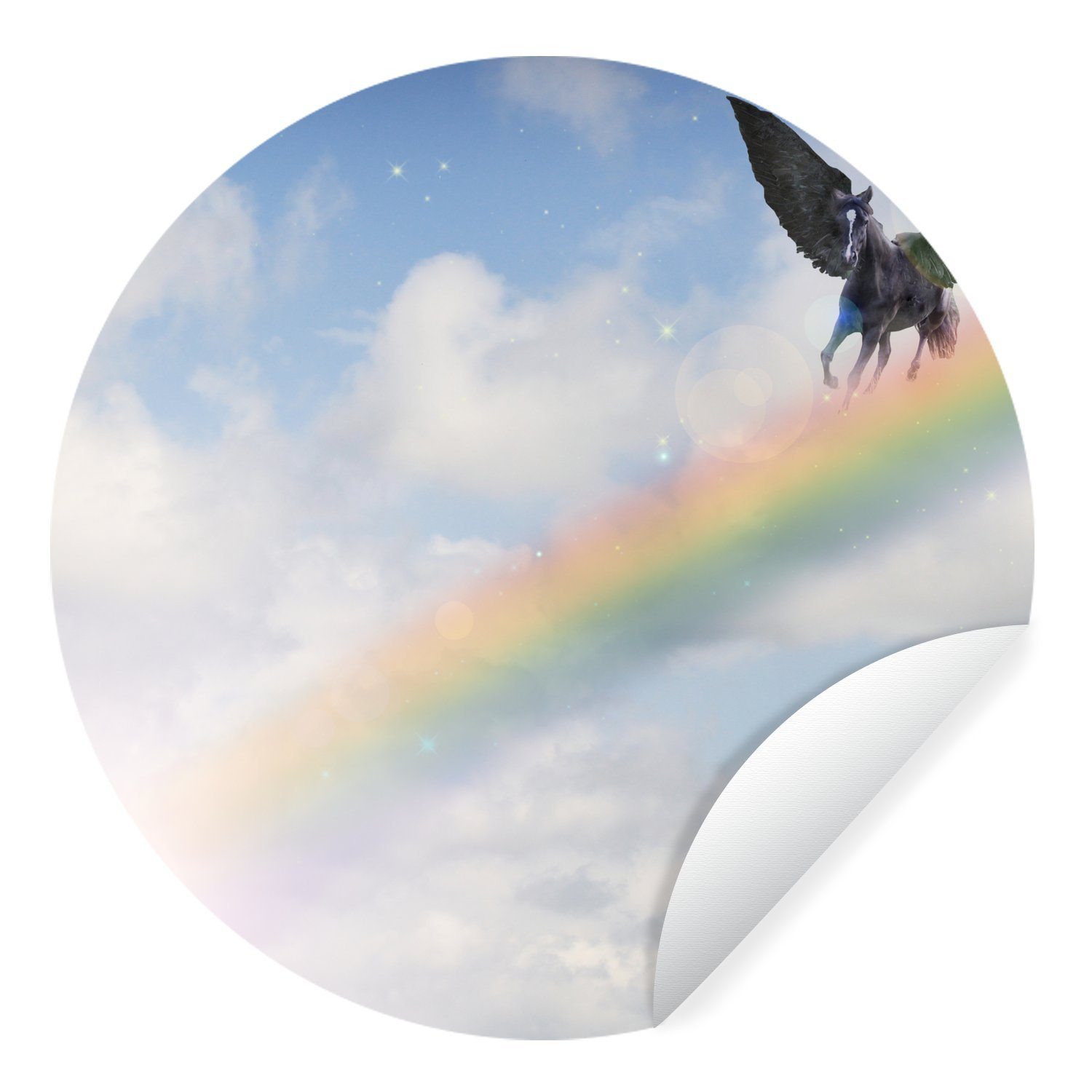 MuchoWow Wandsticker Ein Pegasus fliegt über den Regenbogen (1 St), Tapetenkreis für Kinderzimmer, Tapetenaufkleber, Rund, Wohnzimmer