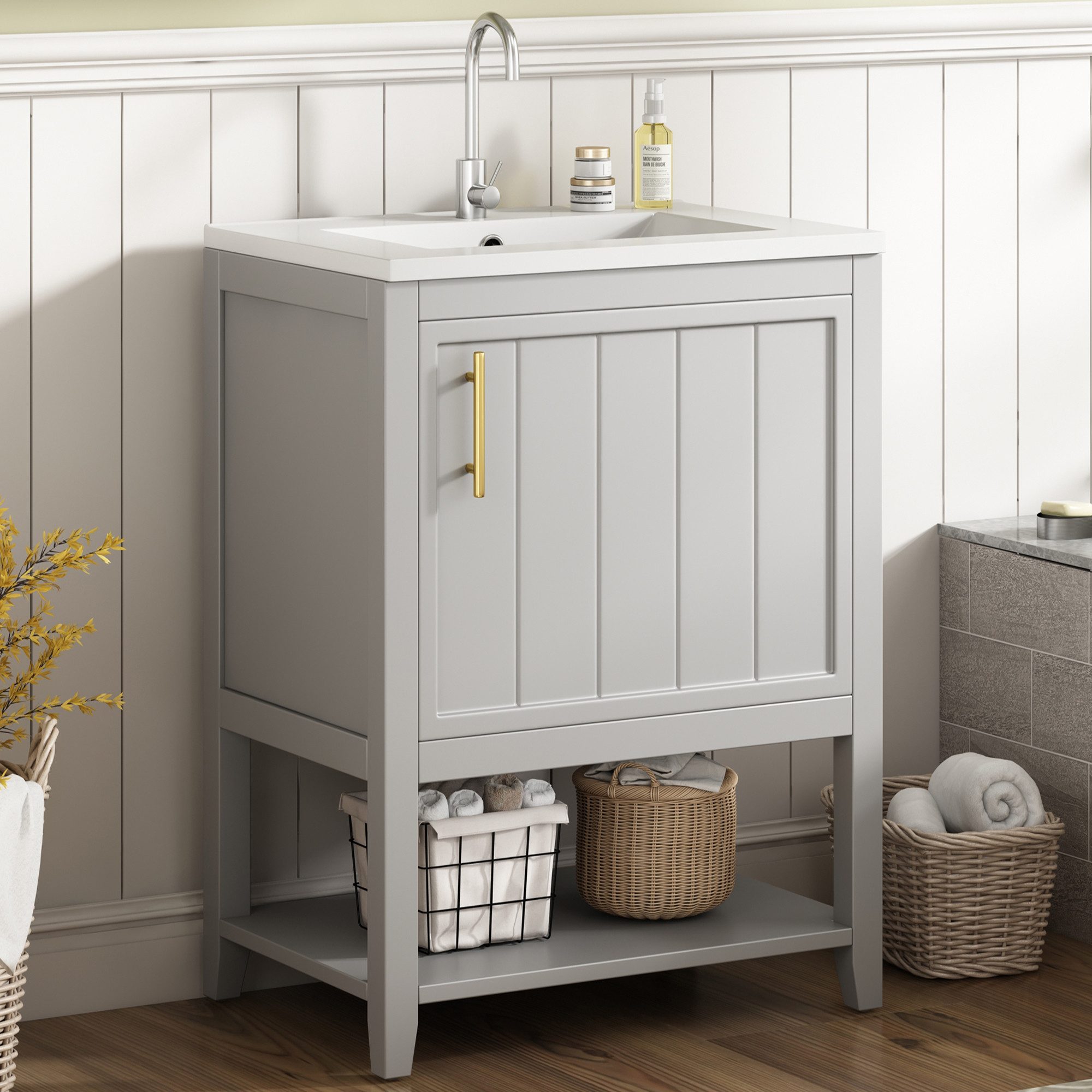 SOFTWEARY Waschtisch inkl. Waschbecken, Badmöbel in Breite 61 cm, Badschrank, Waschplatz