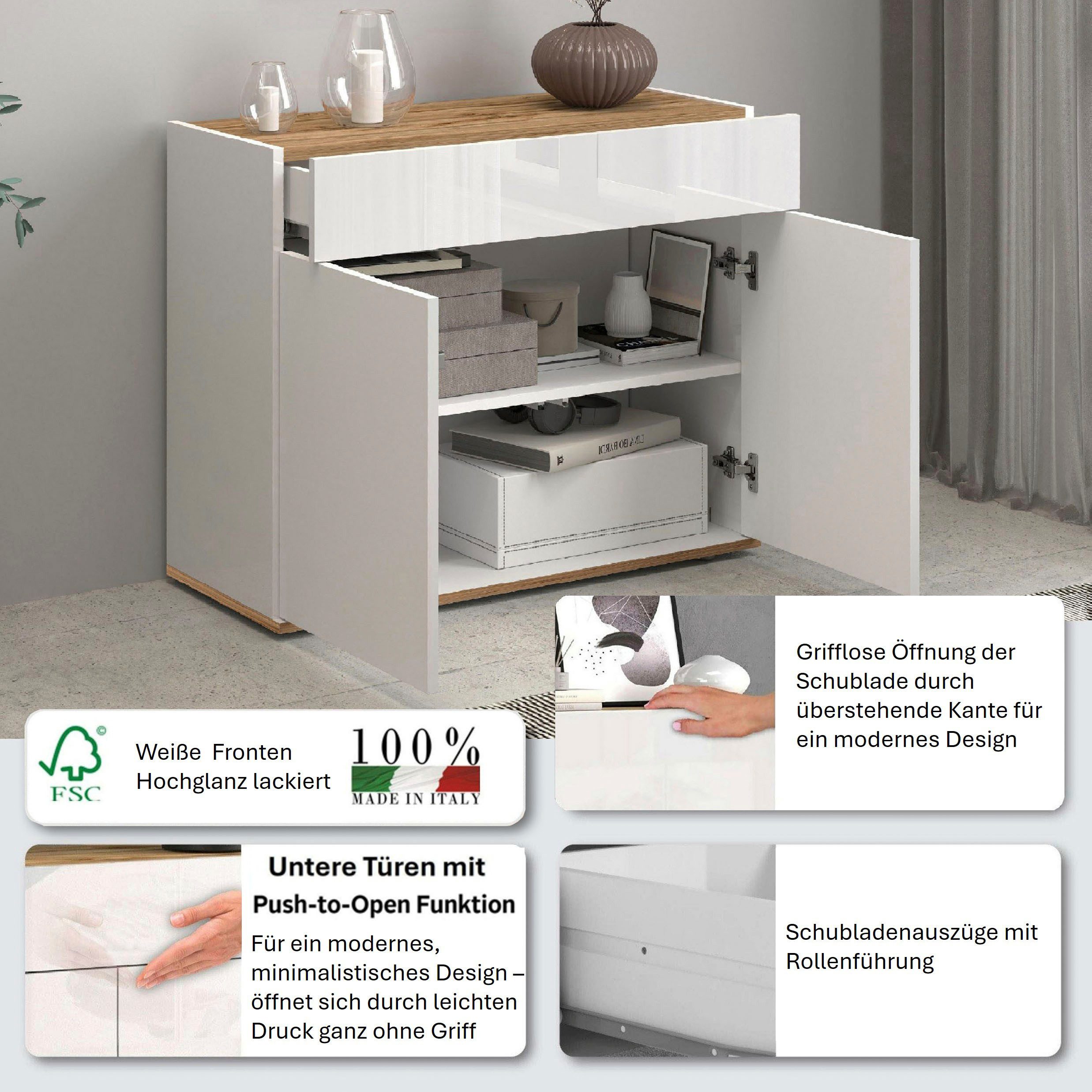 OTTO home Sideboard Garda, Kommode, Schrank, 2 Türen, 1 Schublade, Made in Italy, Hochglanzlackierte Fronten, Korpus matt, grifflos, Breite 80,9 cm