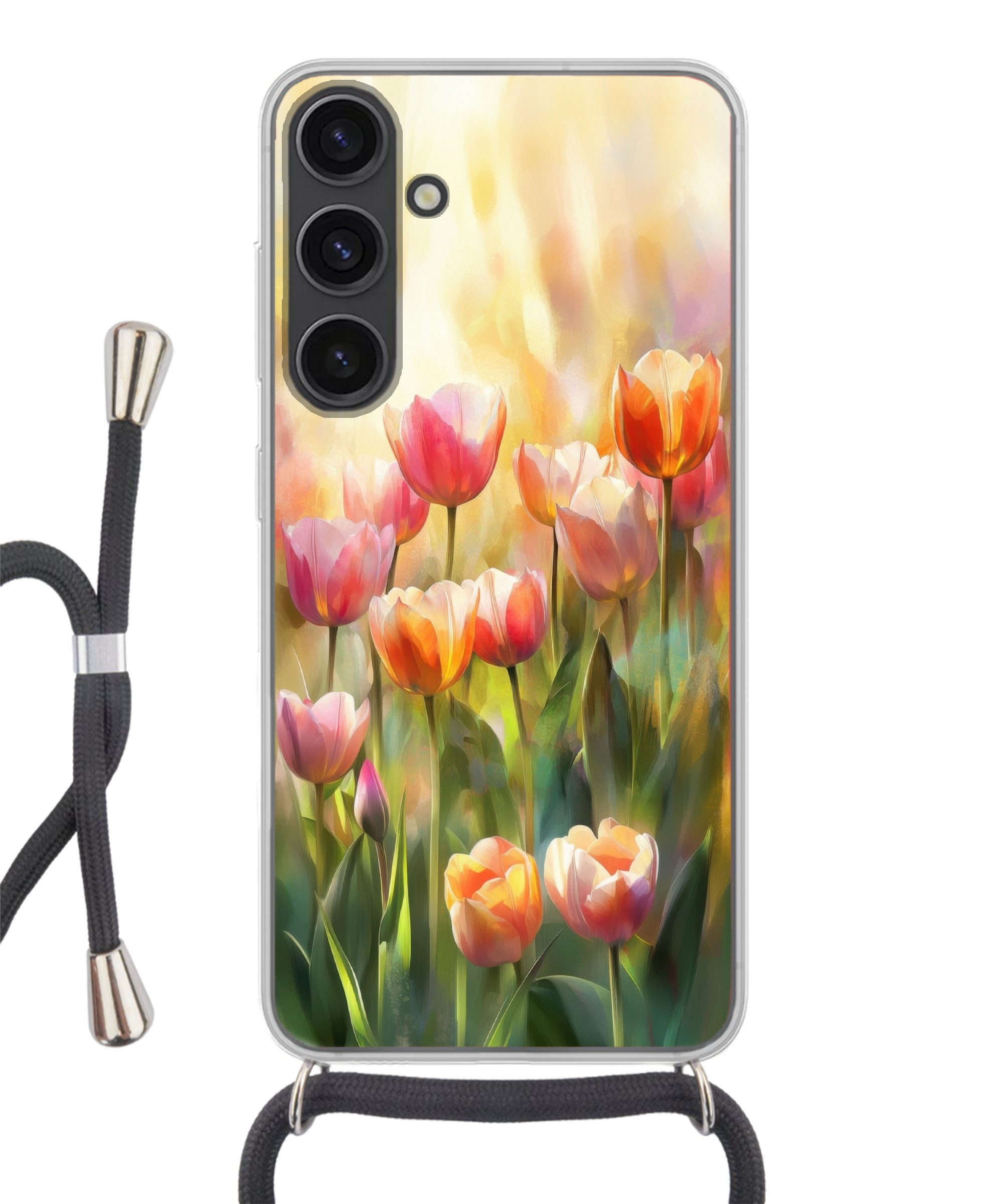 MuchoWow Handyhülle für Samsung Galaxy S24 Plus Tulpen - Märchenhaft - Farbenfroh, Tragbare Handyhüllen mit Kette zum umhängen, Handykette Handyband
