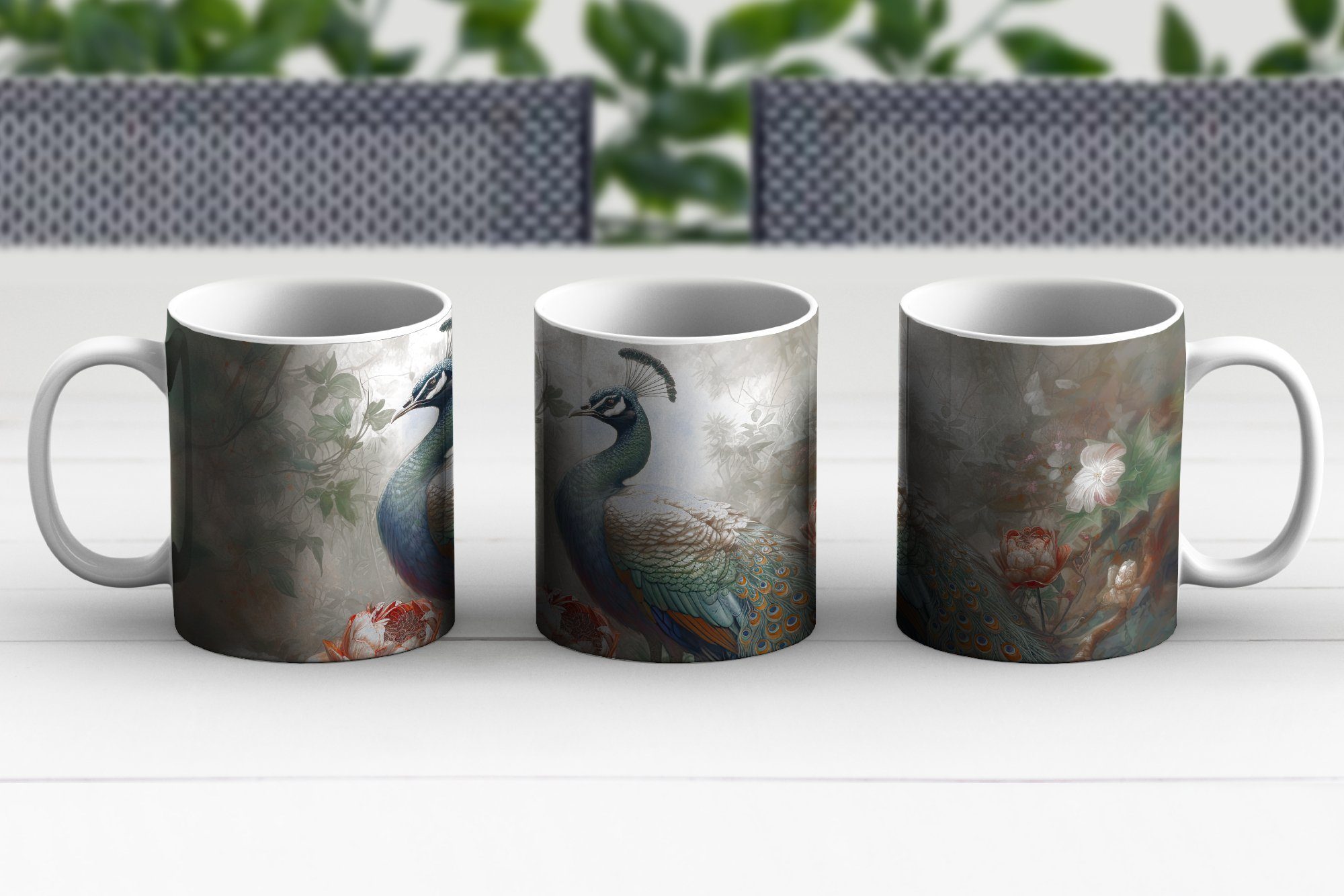 MuchoWow Tasse Pfau - - - Becher, Dschungel Teetasse, Blumen, Teetasse, Pfauenfedern - Vogel Keramik, Kaffeetassen, Geschenk