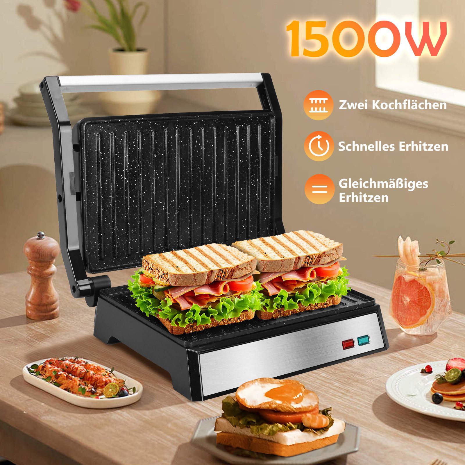 Aigostar Paninigrill Kontaktgrill für Sandwiches, Panini Grill, Sandwichmaker, BPA frei, 1500,00 W, Schnelles und gleichmäßiges Erhitzen,Antihaftbeschichtung,180° Öffnung