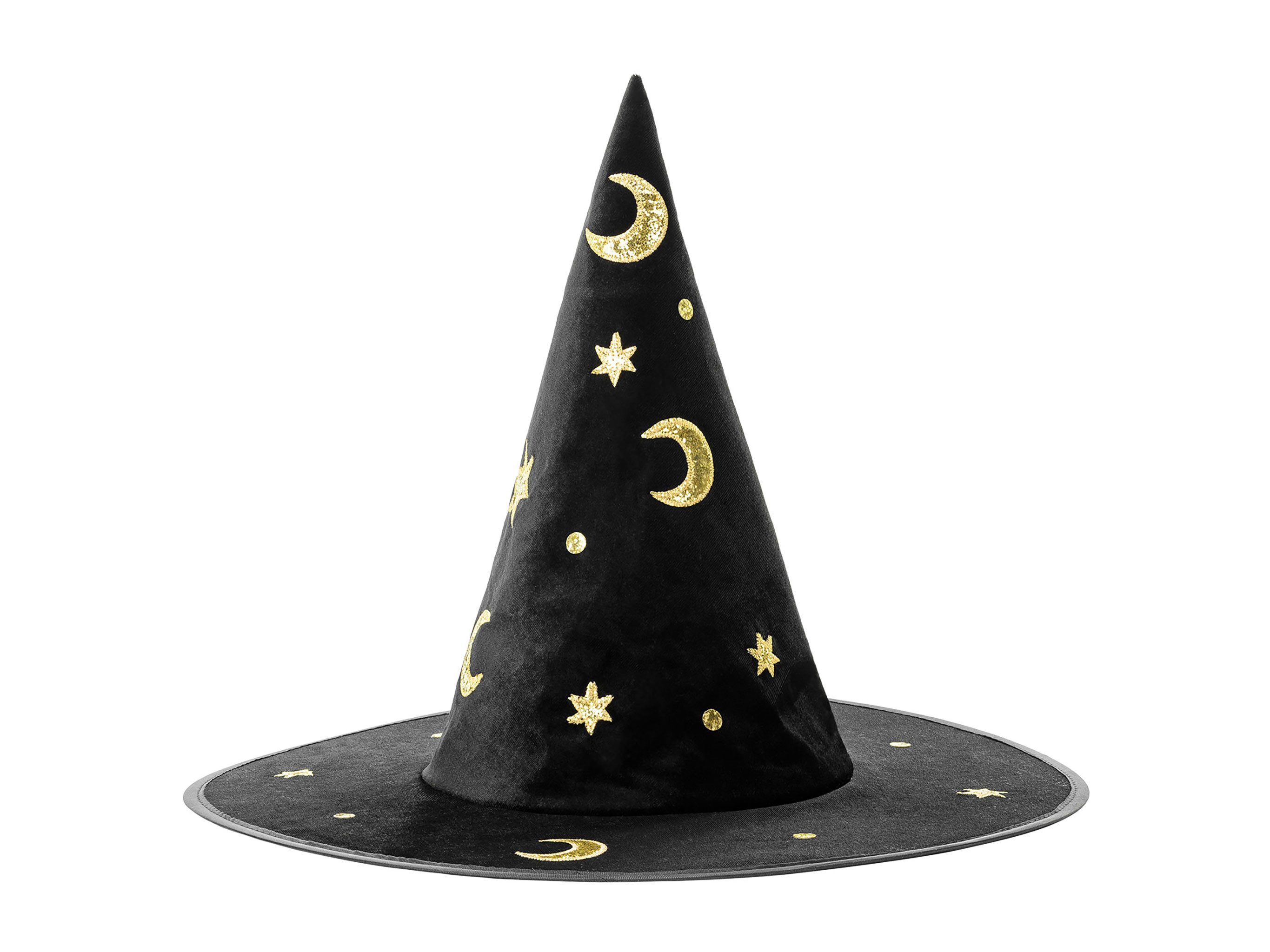 partydeco Kostüm, Hexenhut 42x32cm Mond und Sterne Muster Schwarz Gold