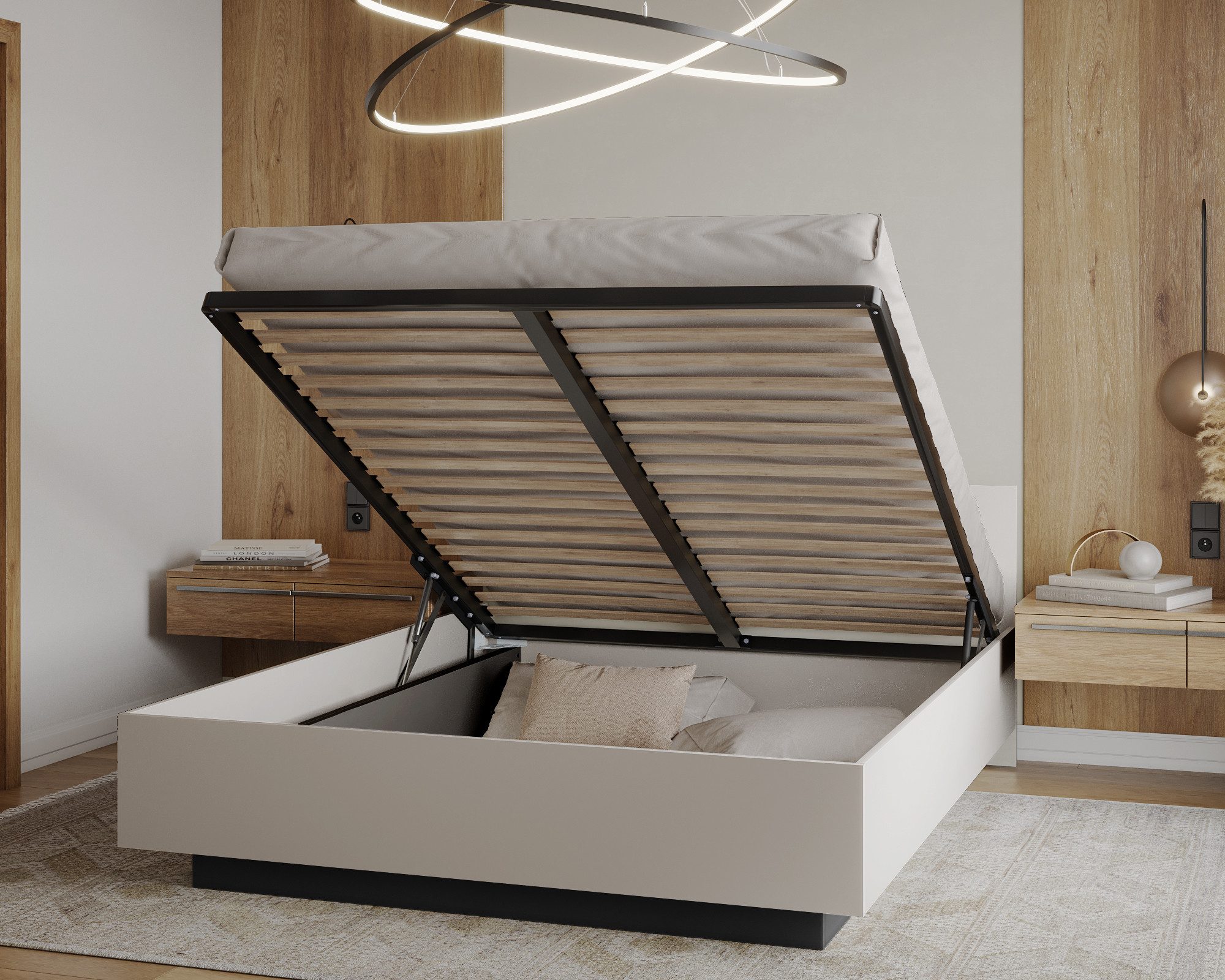thematys Stauraumbett mit Bettkasten & Lattenrost – schwebendes Design 120x200–180x200 – (Optional mit 28 cm H3/H4 Taschenfederkern oder 23 cm Taschenfederkern- – Bild 3 von 5