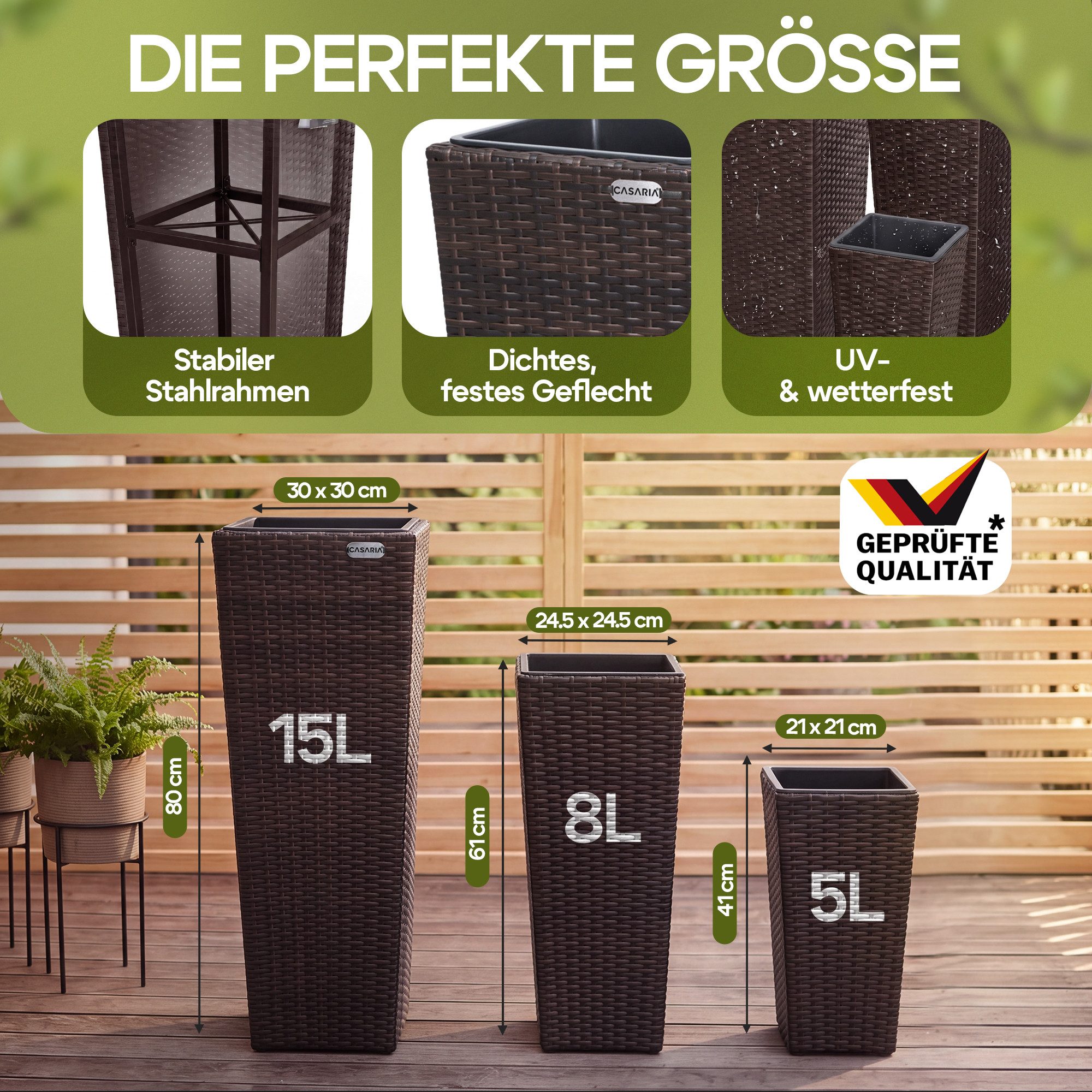 Casaria Pflanzkübel, Casaria Blumentopf 3er Set Polyrattangeflecht Übertopf Wasserabfluss