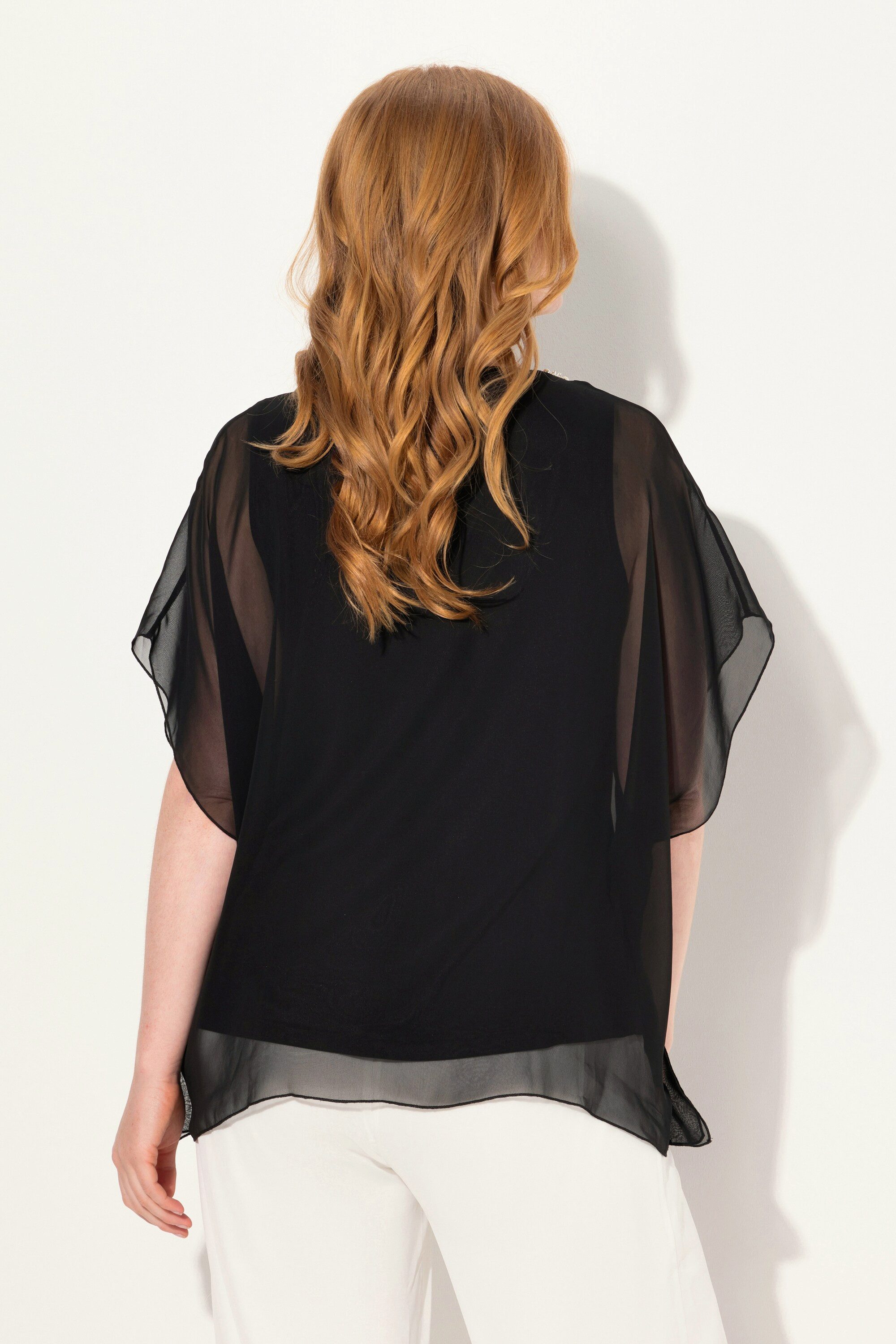 Ulla Popken Longbluse Chiffonbluse doppellagig V-Ausschnitt Halbarm