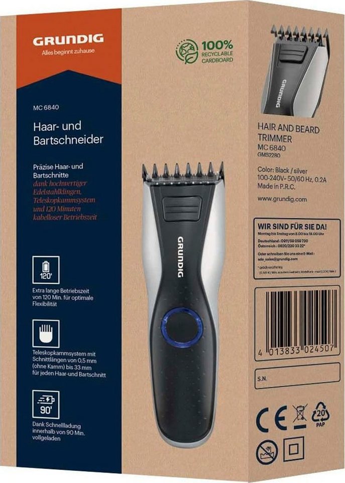 Grundig Haar- und Bartschneider MC 6840, Weltweite Nutzung durch  automatische Spannungsanpassung 100-240V~, 50-60 Hz