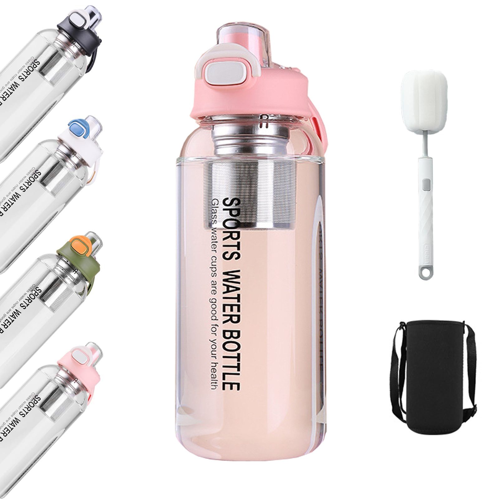 Trinkflasche Glasflasche,Wasserflasche mit Filter & Bürste, BPA-Frei, Trinkflasche
