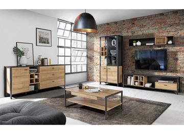 Moebel-Eins Wohnzimmer-Set, HAVANO Wohnwand, Material Dekorspanplatte, Riviera Eichefarbig/schwarz