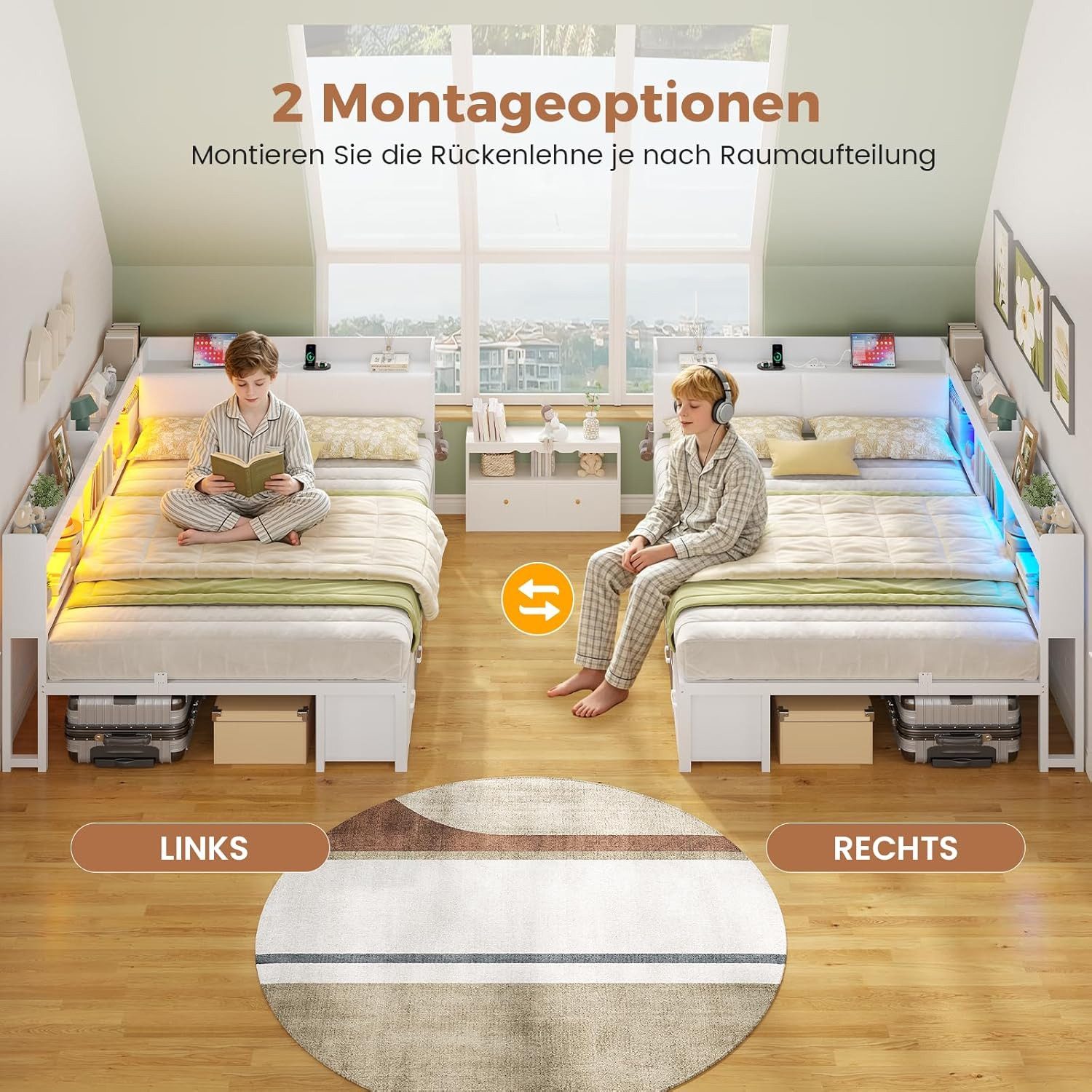 MSMASK Daybett Tagesbett Schlafsofa mit LED-Beleuchtung & Ladestation, Jugendbett mit 6 Staufächern und 6 Schubladen – Liegefläche 140x190 cm – Bild 5 von 5