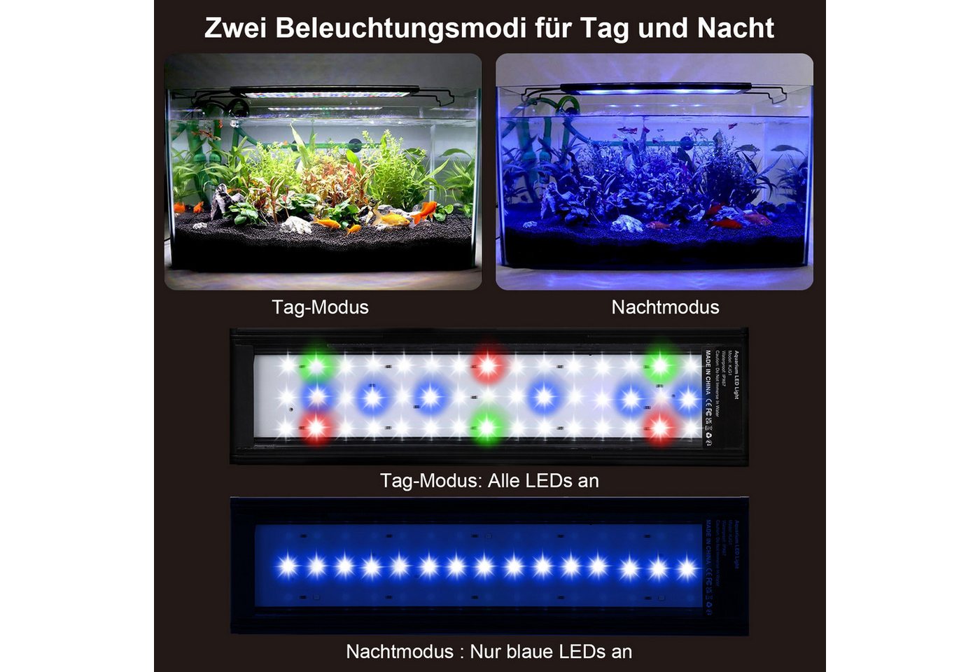 Thumbnail - MUPOO LED Aquariumleuchte Vollspektrum Aquariumleuchte 30 cm/45 cm,Weiß,Blau,Rot,Grün, 45 cm,mit Stecker, LED fest integ...