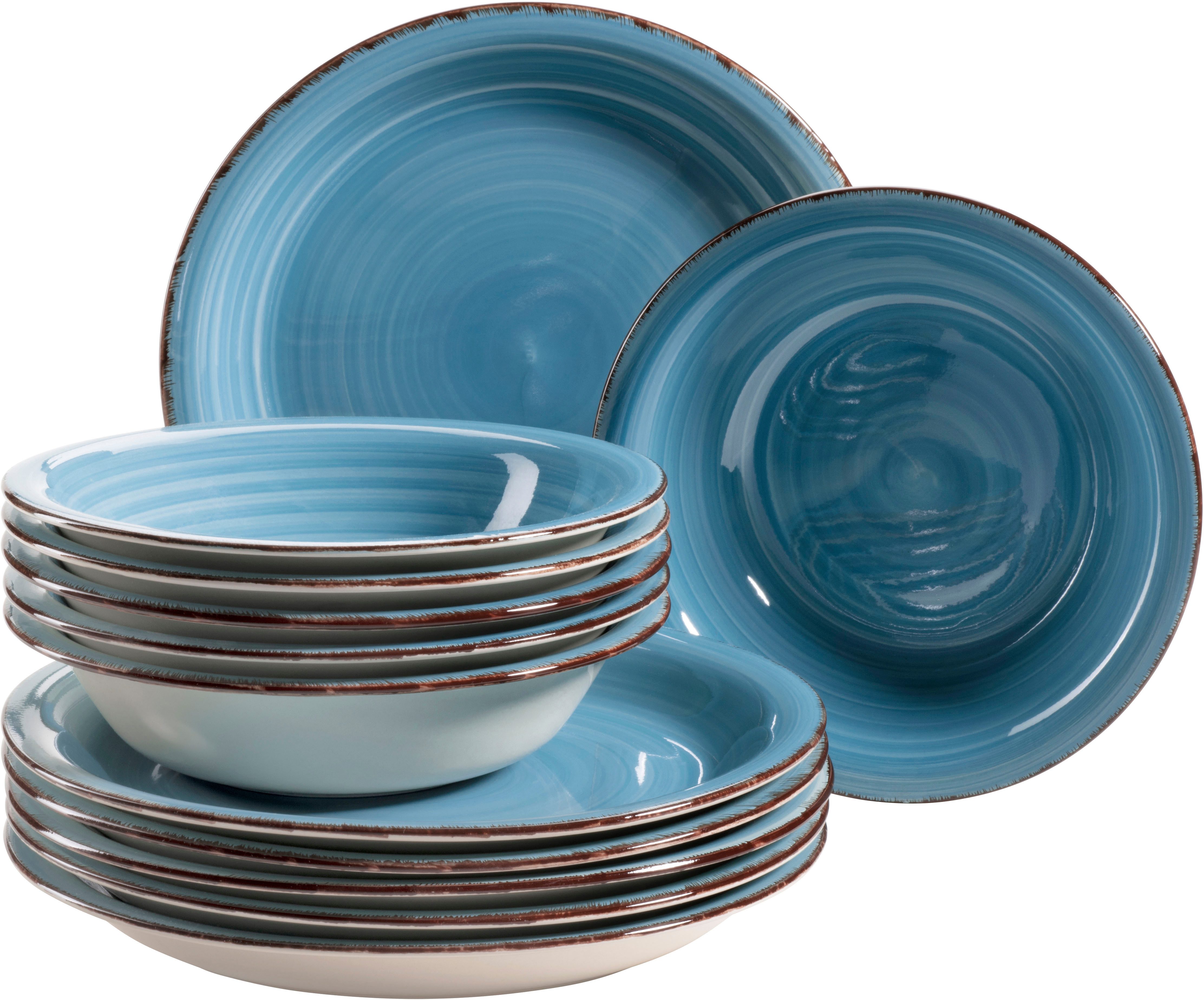 OTTO home Tafelservice Teller Set, Geschirr-Set Bell Tempo (12-tlg), 6 Personen, Keramik, rustikale Holzoptik mit Spiraldekor, 12 Teile, für 6 Personen