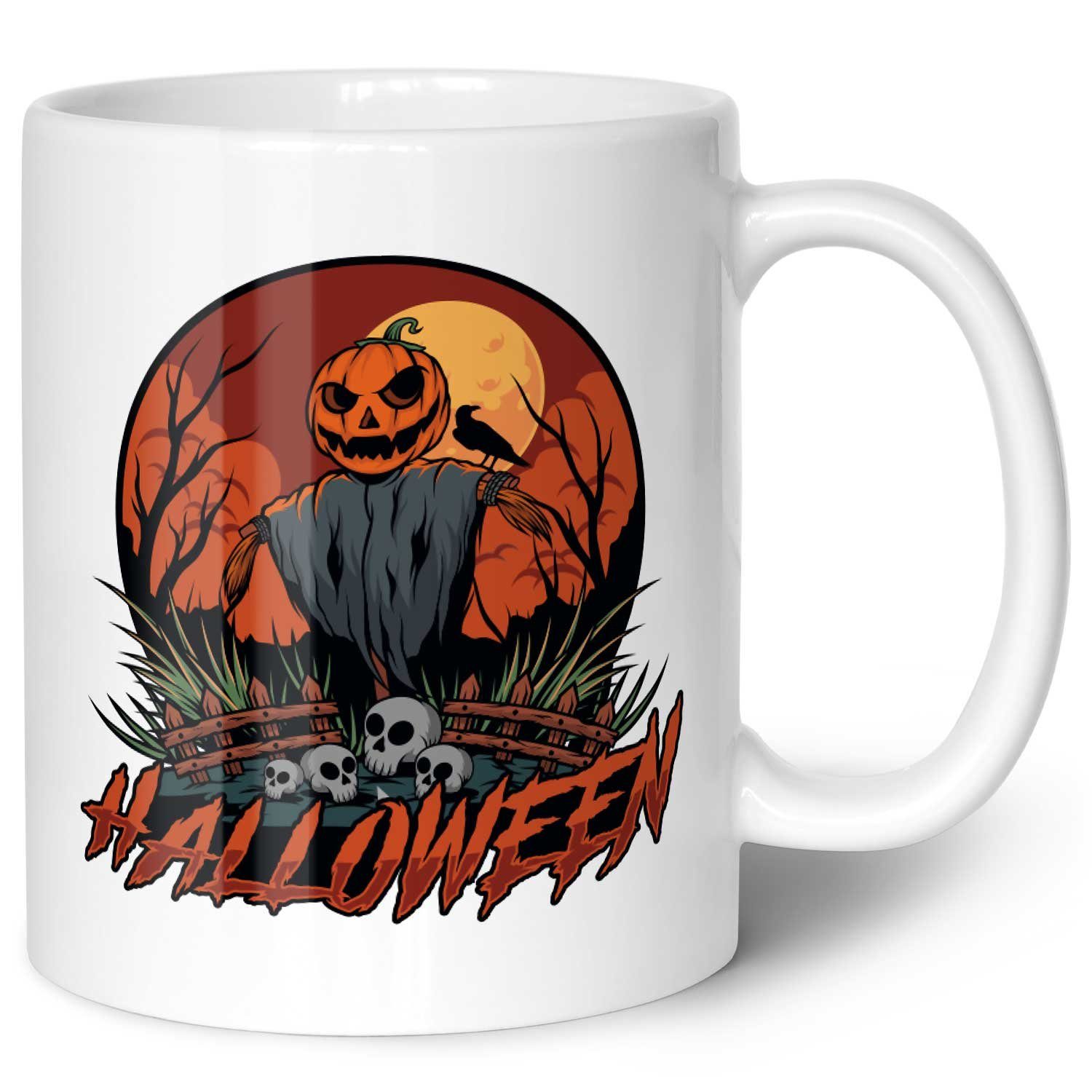 GRAVURZEILE Tasse mit Motiv im Halloween Vogelscheuche Design, Keramik, Farbe: Weiß