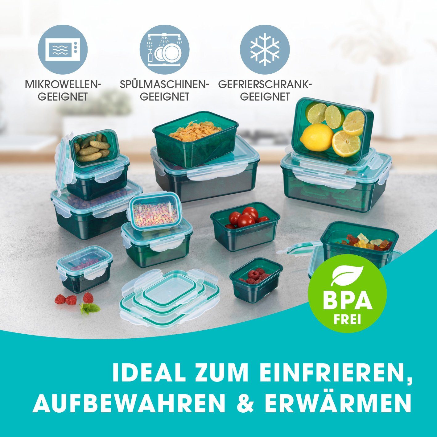 (14er GOURMETmaxx geeignet Gefrierschrank für Mikrowelle, Lunchbox Vorratsdose Spülmaschine, auslaufsicher, 28-tlg), Frischhaltedose klick- Set, it und stapelbar