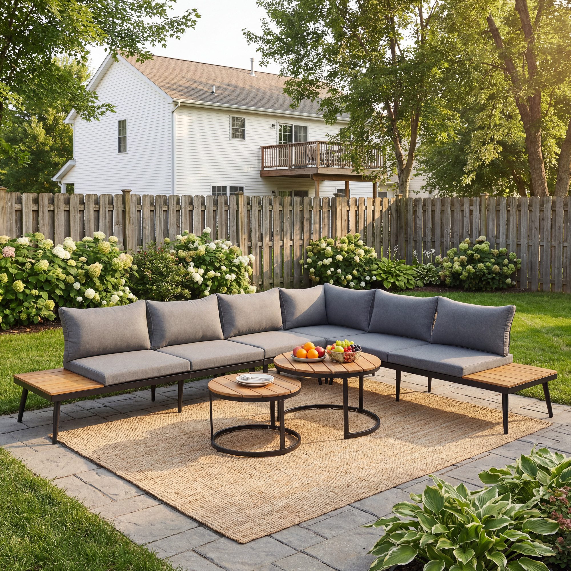 OKWISH Gartenlounge-Set Balkonmöbel Sitzgruppe Lounge-Set, (aus Akazienholz Rahmen aus verzinktem Eisen), 2x2er-Sofa, 2xEinzelsessel, 2xTisch