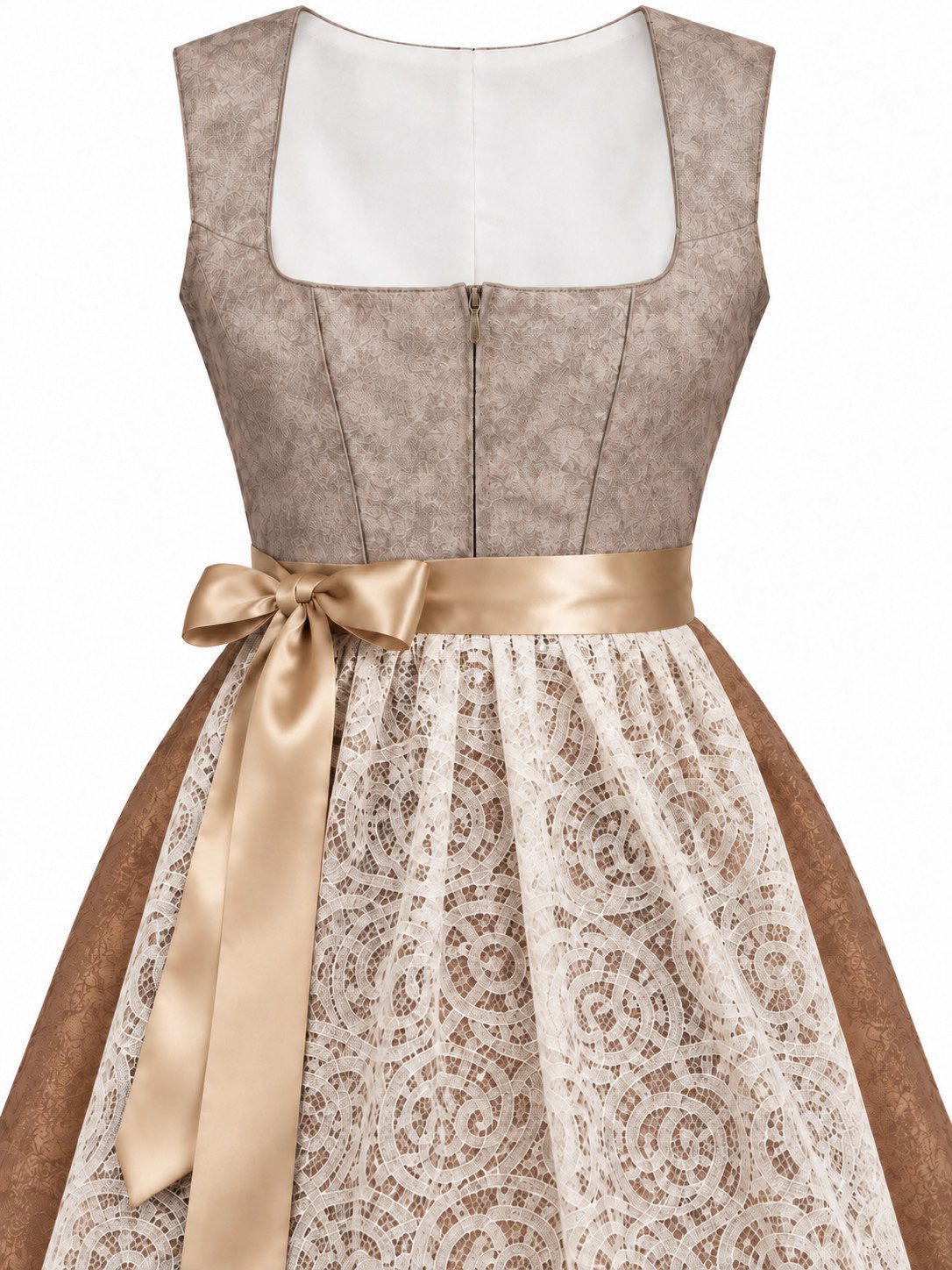 CMRBALL Dirndl Damen Dirndl in Taupe-Braun mit Spitzenschürze und Satinschleife (Set, Dirndlkleid mit Spitzenschürze und Satinband) Spitzenschürze, Satinschleif – Bild 3 von 5