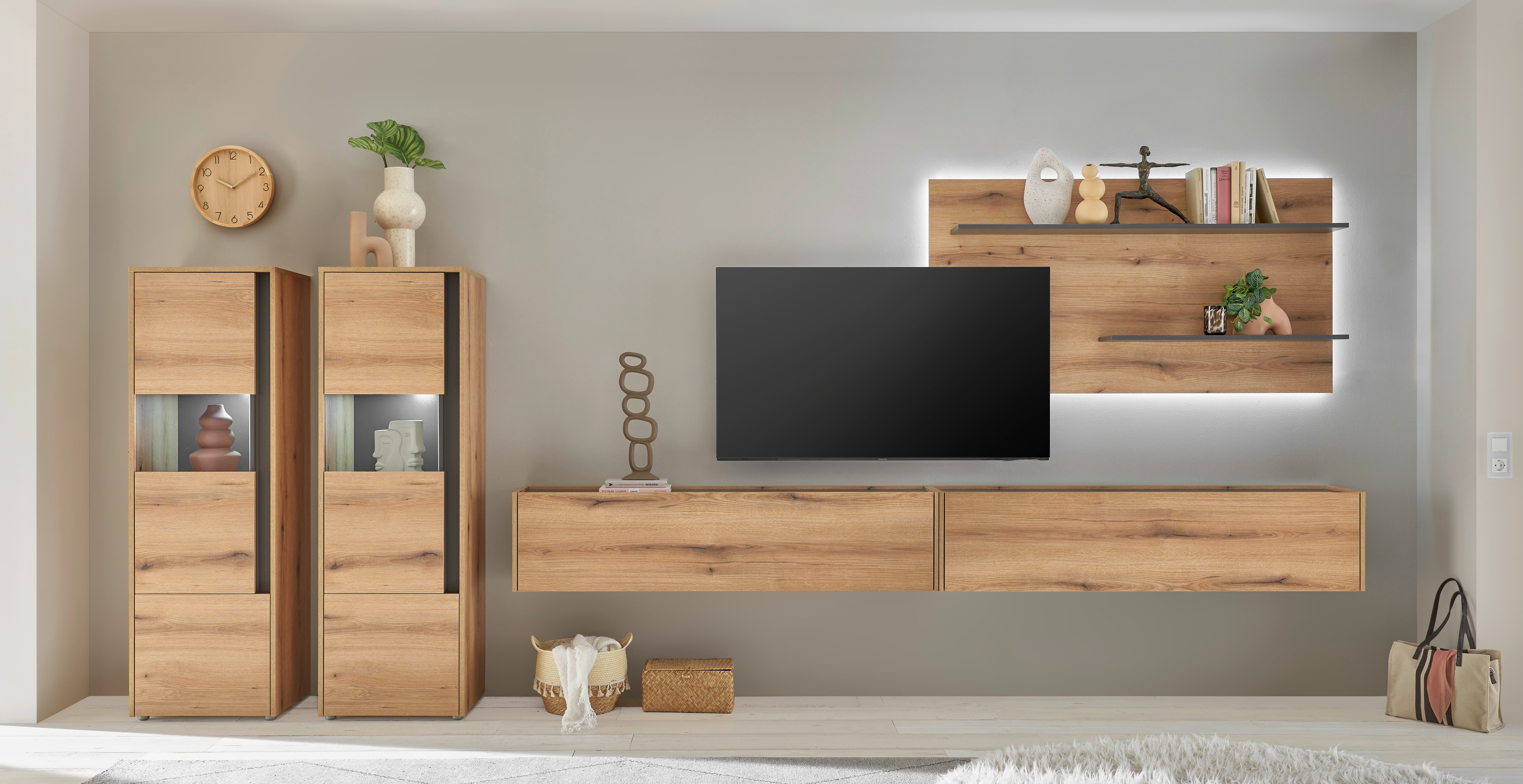 Home affaire Wohnwand City/Giron, moderne Anbauwand, Komplettset in vielen Farben verfügbar, (Set, 5-St), enthält zwei Vitrinen, zwei Hängeschränke & ein Wandboard