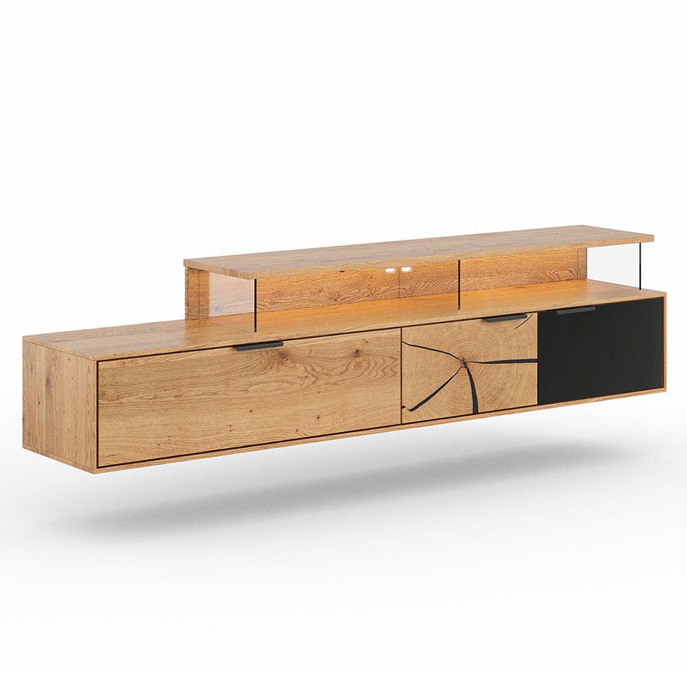 Lomadox Lowboard TIVAT-163, Eiche massiv geölt, 200 cm breit, stehend / hängend, inkl. Beleuchtung