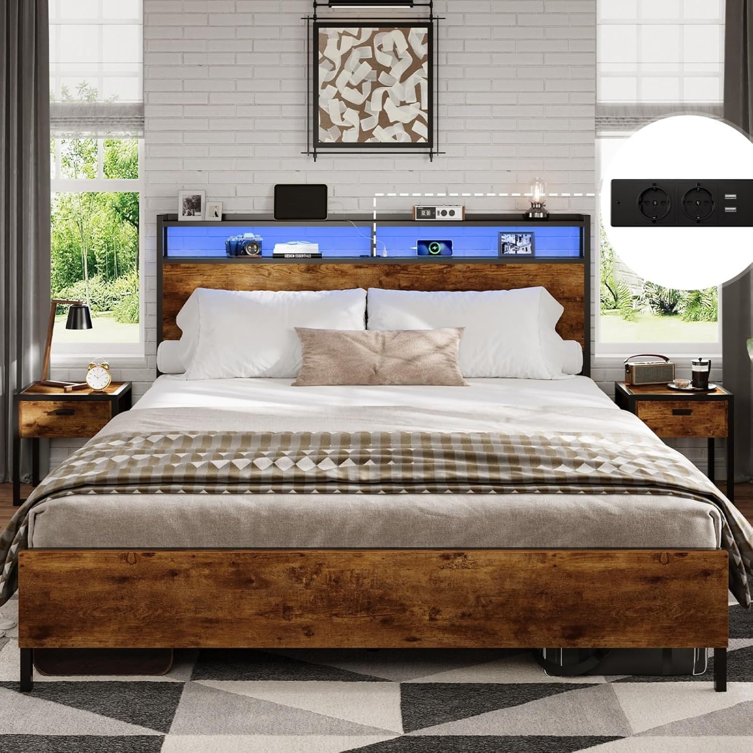 MSMASK Bett Bett mit LED Beleuchtung, Metallbett mit Steckdose, Braun, mit günstig online kaufen