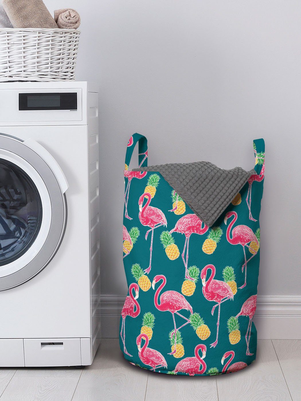 Abakuhaus Wäschesäckchen Wäschekorb Griffen Ananas Kordelzugverschluss und mit Waschsalons, Vogel-Druck Flamingos für