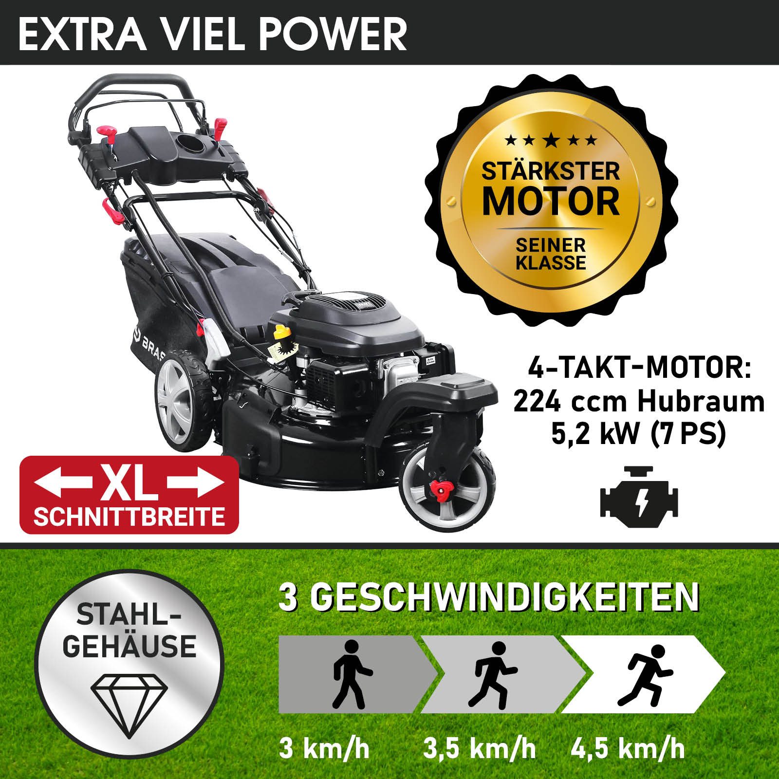 BRAST Benzinrasenmäher Trike 5,2kW(7PS) mit variablen Antrieb, Elektrostart, 4 Takt OHV Motor, 53 cm Schnittbreite, TÜV, 30-80mm Schnitthöhe, 60L Fangkorb, Stahlgehäuse