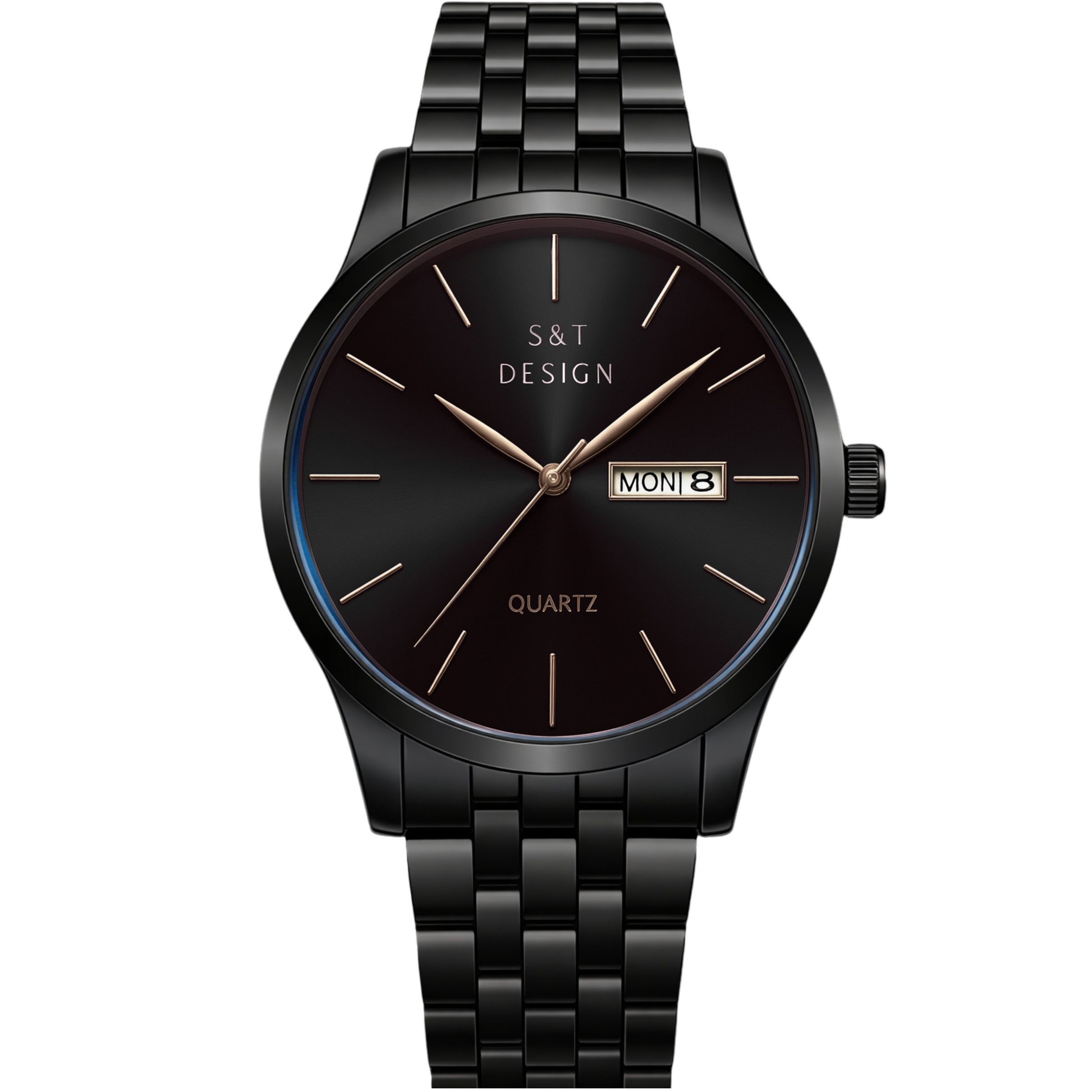 S&T Design Quarzuhr Herren Uhr Edelstahl Armbanduhr Herrenuhr V2, (Packung, inkl. Armbandkürzer & Uhrendose), Verbesserte Version Männer Uhr Schwarz Datum Wasserdicht 3Bar