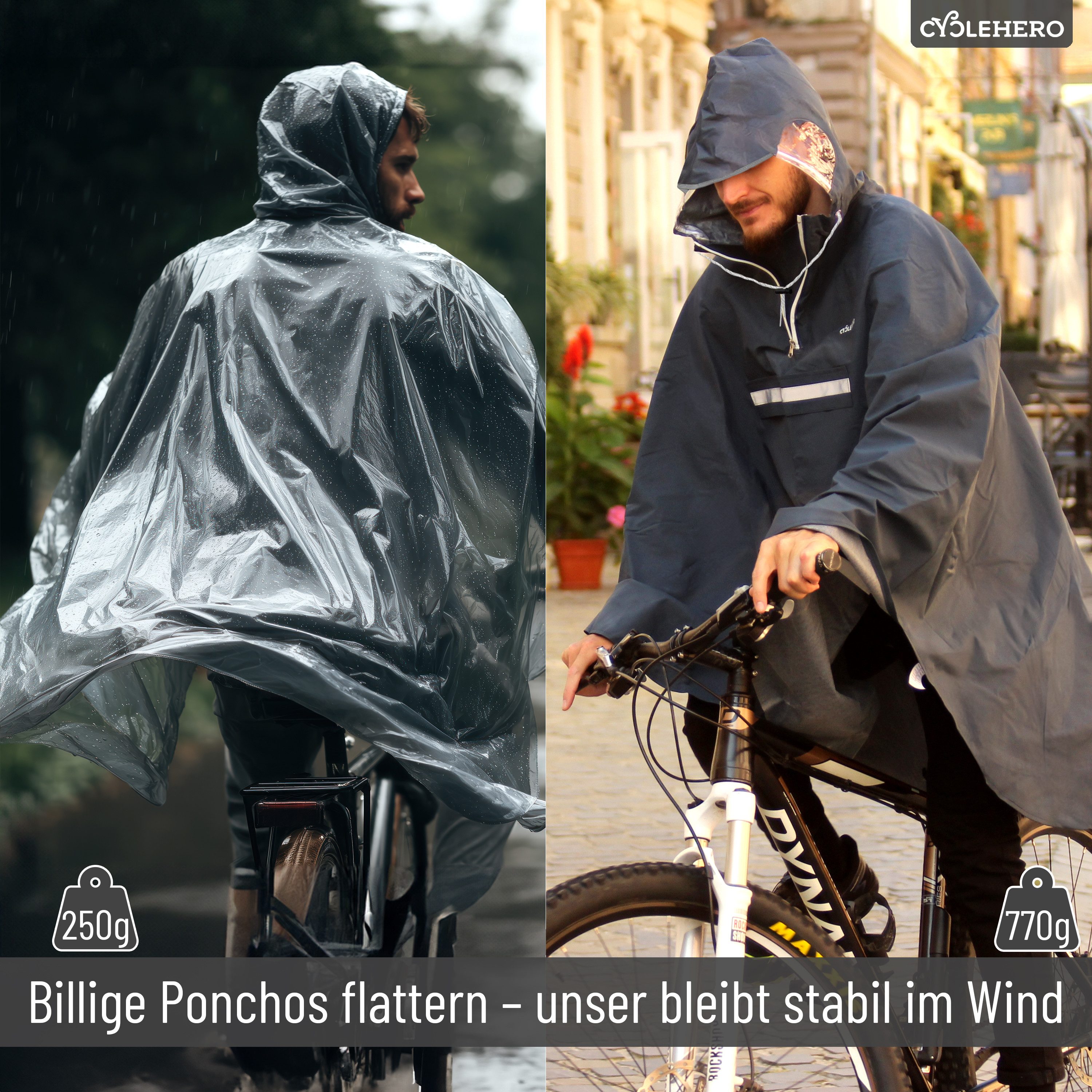CYCLEHERO Regenponcho Fahrrad mit Reflektoren, wasserdicht, Dunkelblau, XL, Unisex (Einzelartikel, 1-St., XL) – Bild 4 von 5