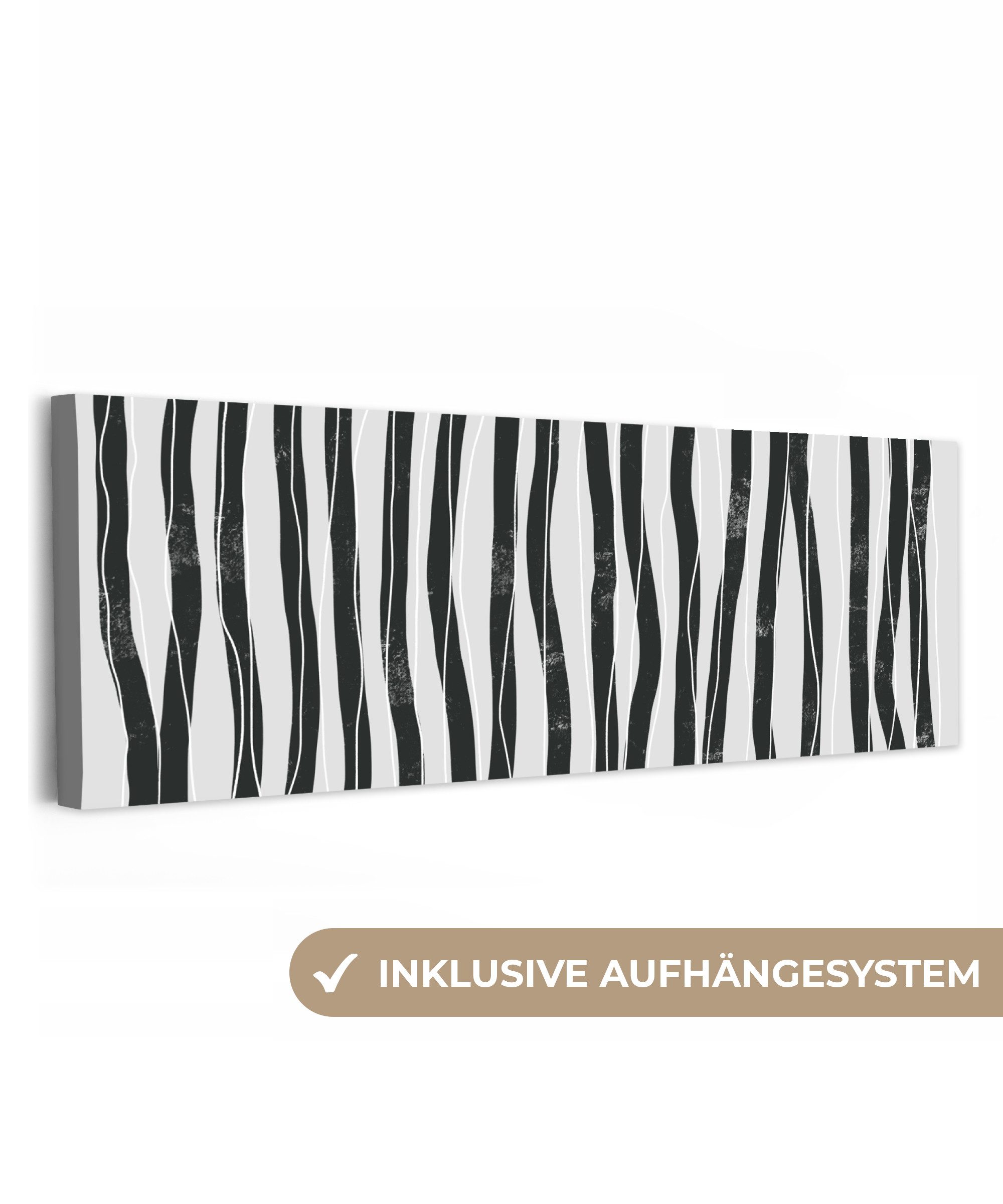 OneMillionCanvasses® Leinwandbild Panorama Kunst - Abstrakt - Linien - Schwarz - Weiß, Fotodruck (1 St), Wandbild, Deko Schlafzimmer Wohnzimmer Flur 60x20 cm