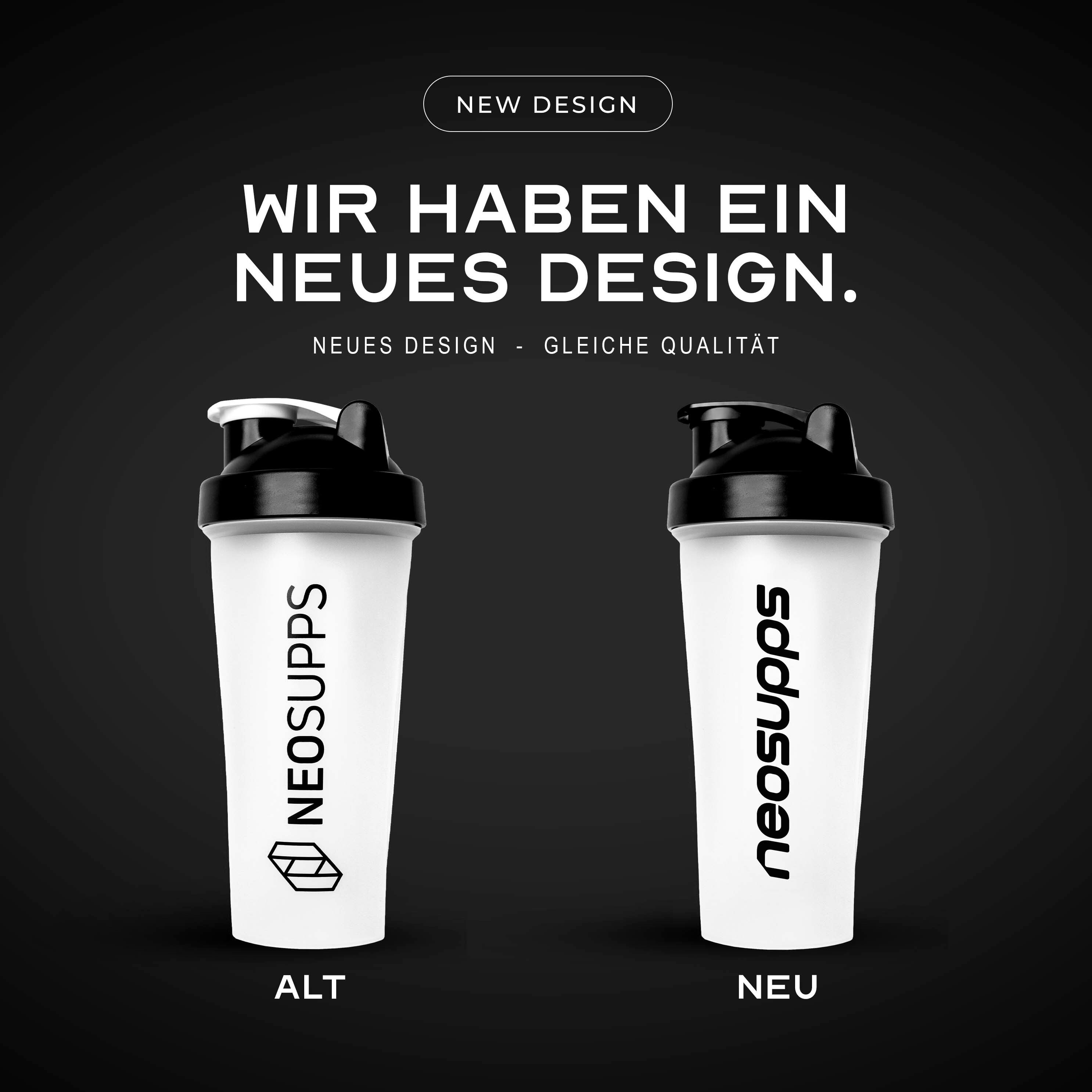 Neosupps Protein Shaker 600 ml, Transparenter Eiweiß Shaker, 100% Auslaufsicher Whey Shaker, mit Edelstahlkugel für klumpenfreies Shaken für Sport & unterwegs