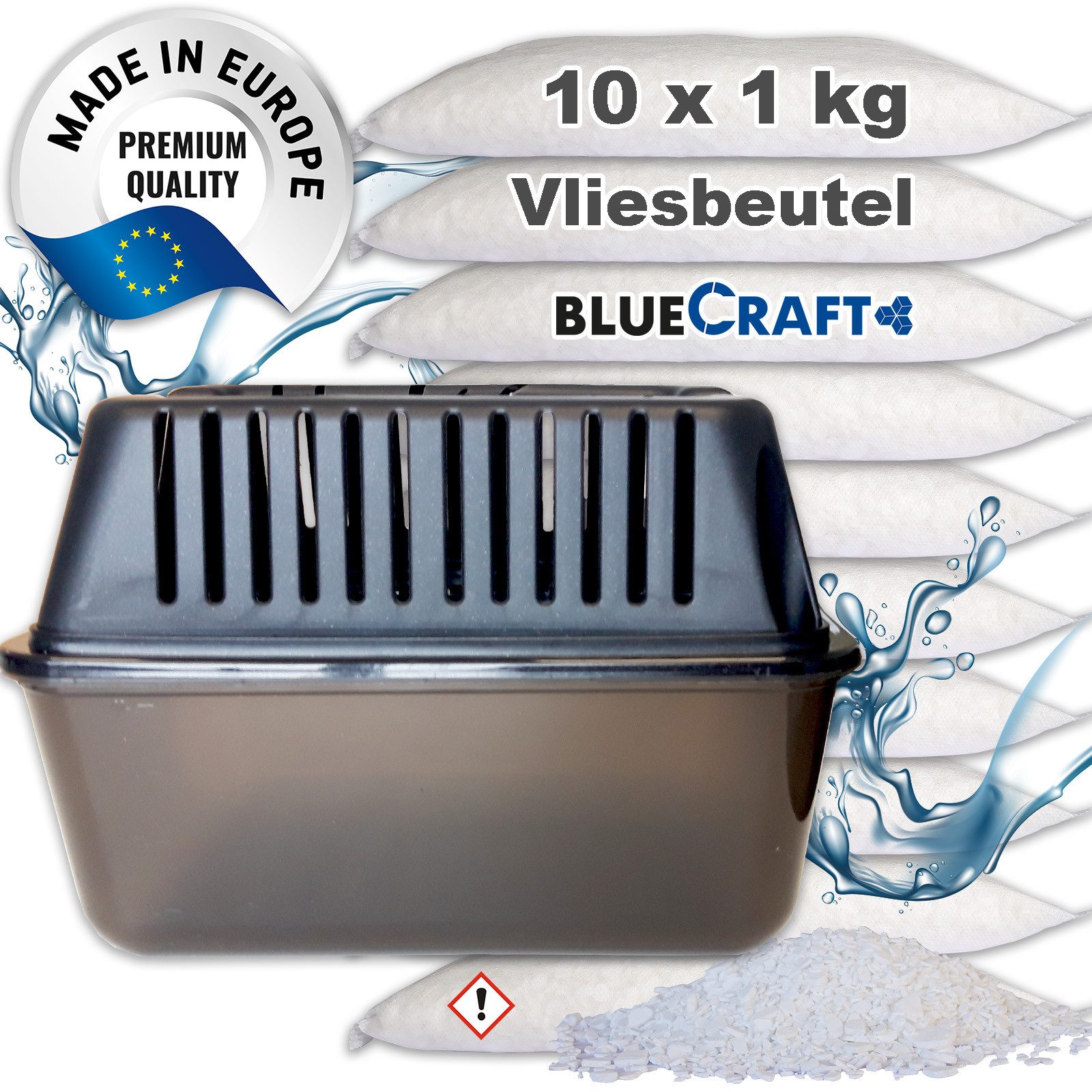 BlueCraft Luftentfeuchter Nachfüllpack Granulat Box Raumenfeuchter + 10x 1kg Granulat Vliesbeut, ohne Strom Nachfüller gegen Schimmel Schlafzimmer Wohnung