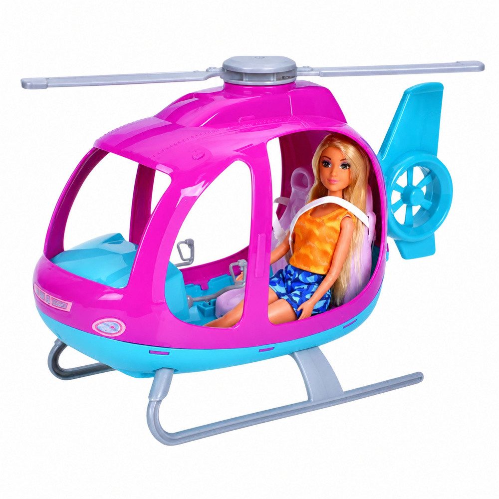 LEAN TOYS Puppen Fahrzeug Spielhubschrauber Puppenhelikopter Rollenspielset, (Spar-Set, 1-tlg., 38 x 28 x 18 cm beweglich), drehbarer Propeller, offenes Cockpit, 30 cm Puppe