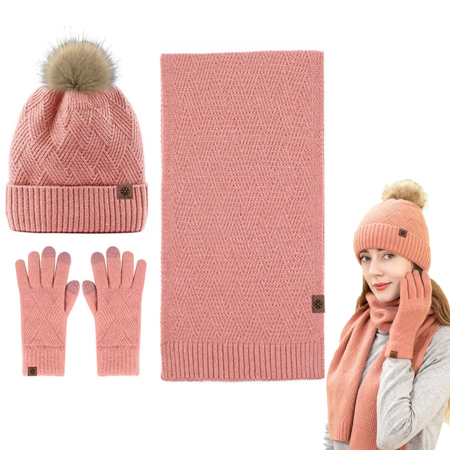 Mutig Mütze & Schal Mütze Schal Handschuh 3-Set,Gestrickte Touchscreen-Handschuhe (Winter Weich Warm,Warmes Strick-Set mit Futter,Damen Unisex, Hergestellt aus weichen Wolle,Winter Geschenk-Mehrfarbig) Geschenk zu Weihnachten, Erntedank oder Neujahr