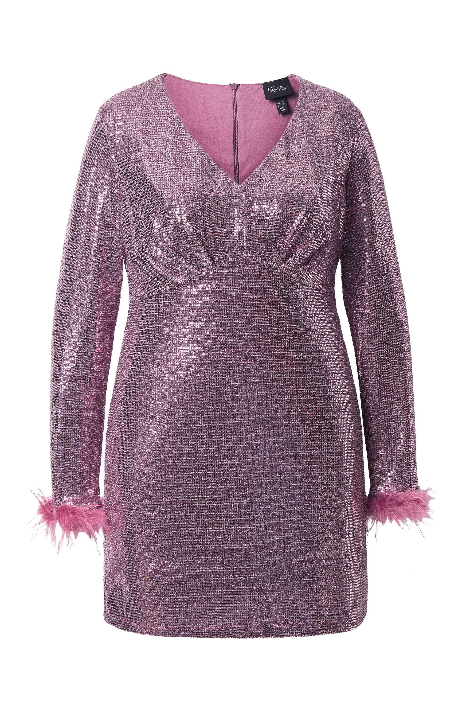 Ulla Popken Cocktailkleid Bodycon-Kleid Pailletten V-Ausschnitt Langarm