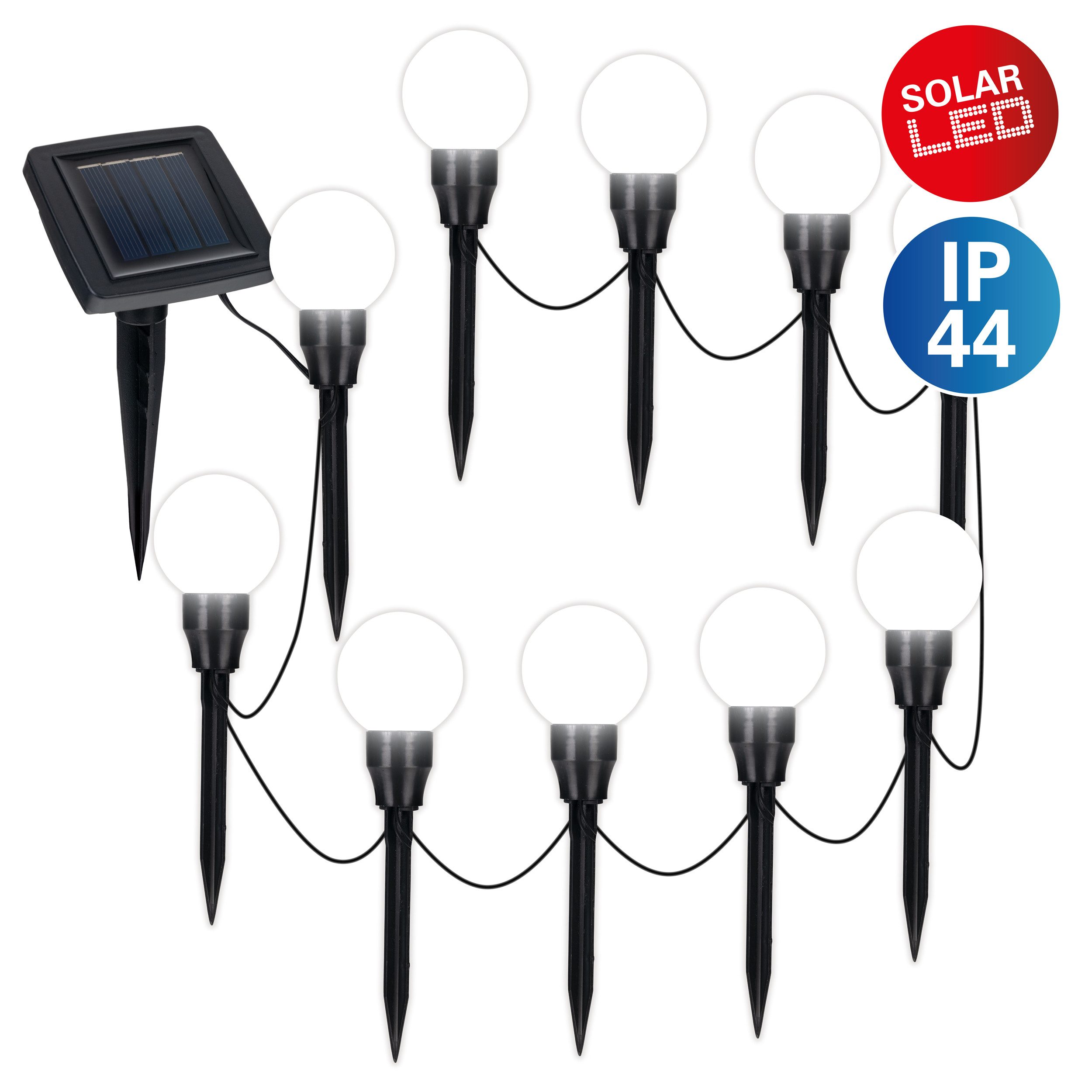 näve LED Solarleuchte Helsinki, Tageslichtsensor, LED fest integriert, Warmweiß, 10er Set Dekoerdspieße kugelförmig mit Solarpanel, L: 650cm, warmweiß