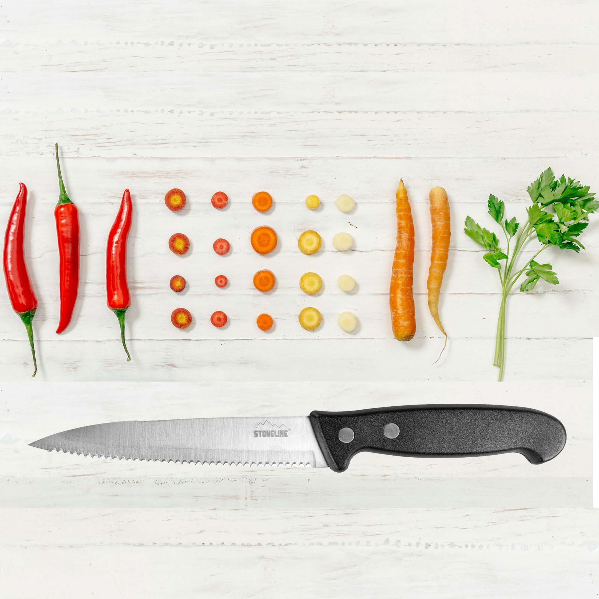 STONELINE Tomatenmesser, Edelstahl rostfrei, mit Klingenschutz, Designed in Germany