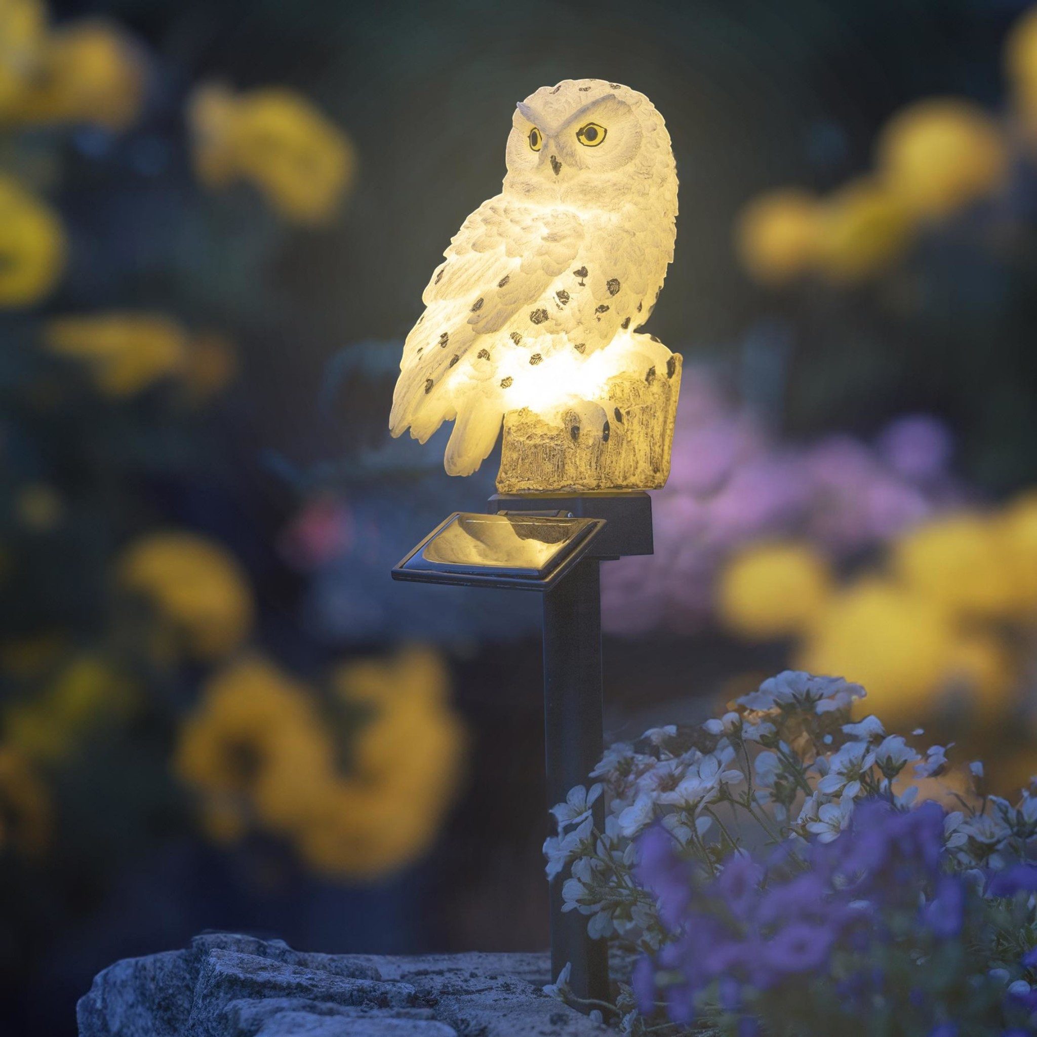 Meinposten Gartenfigur Eule Schneeeule Solarleuchte Figur Beleuchtung Gartenstecker, (1 St)