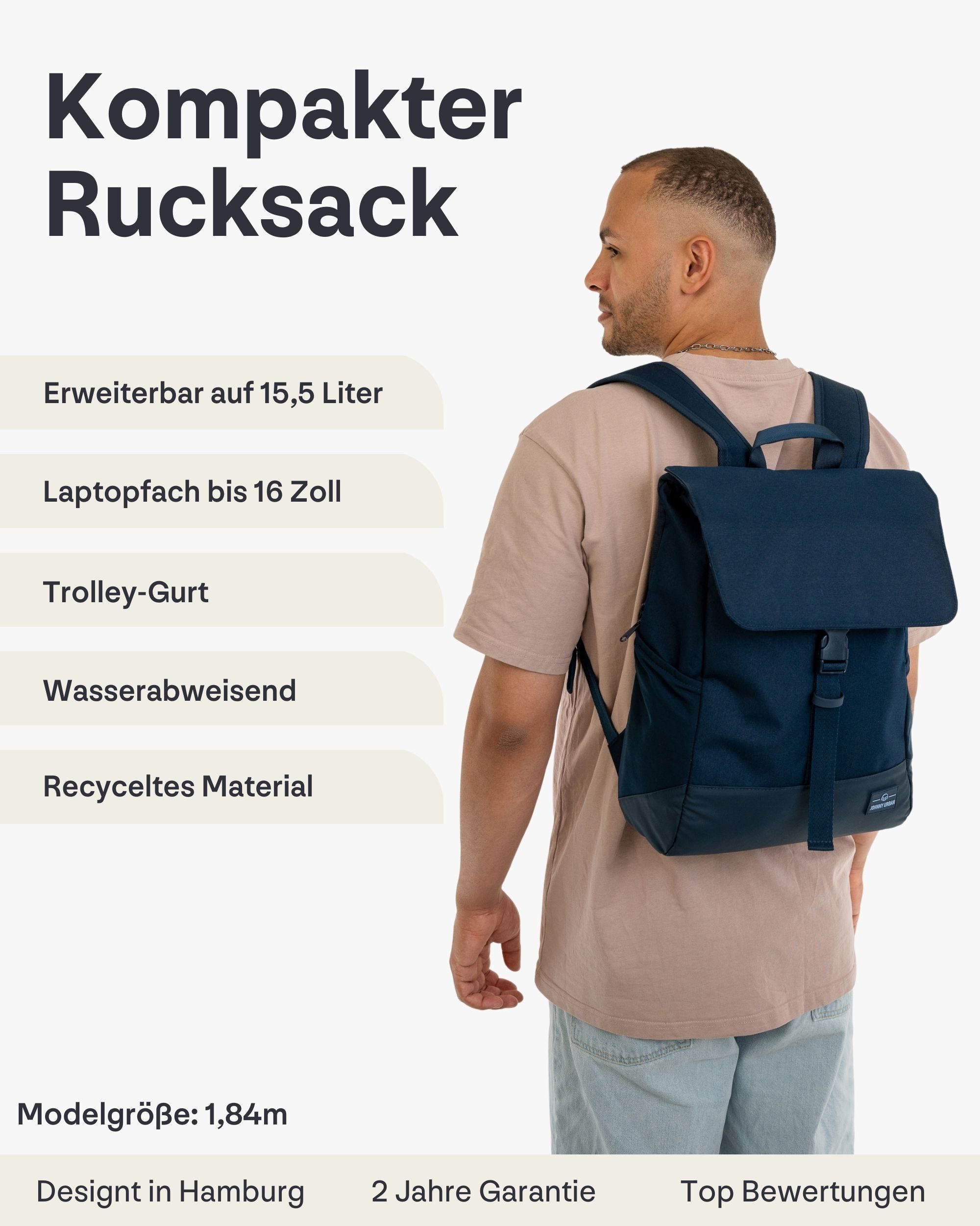 Johnny Urban Cityrucksack MIKA, Rolltop Damen Herren, Laptop Fach (1-tlg), Flexible Größe, Gepolstertes Laptopfach, Wasserabweisend