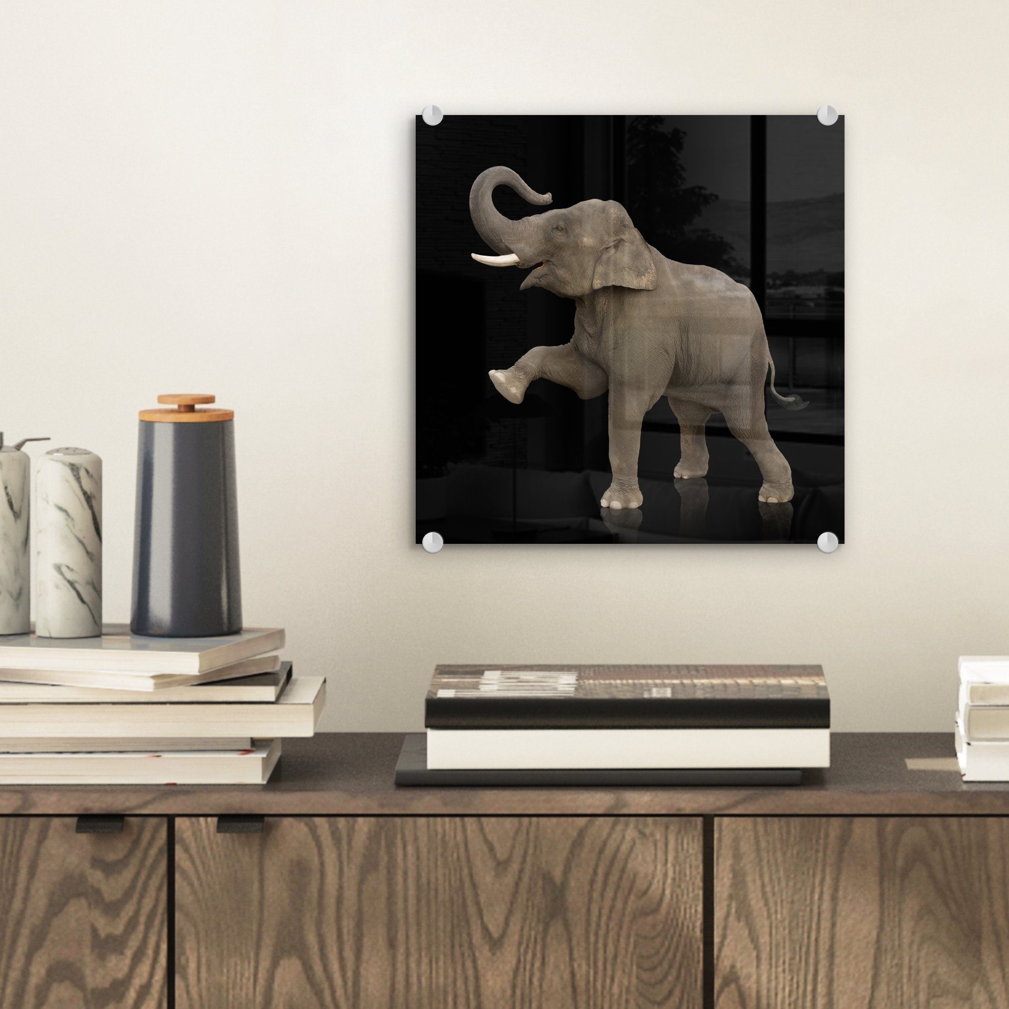 Glasbilder (1 - Acrylglasbild Bilder MuchoWow - Porträt, Schwarz - - St), Tiere - auf Foto Wanddekoration Wandbild auf Elefant Glas Glas -