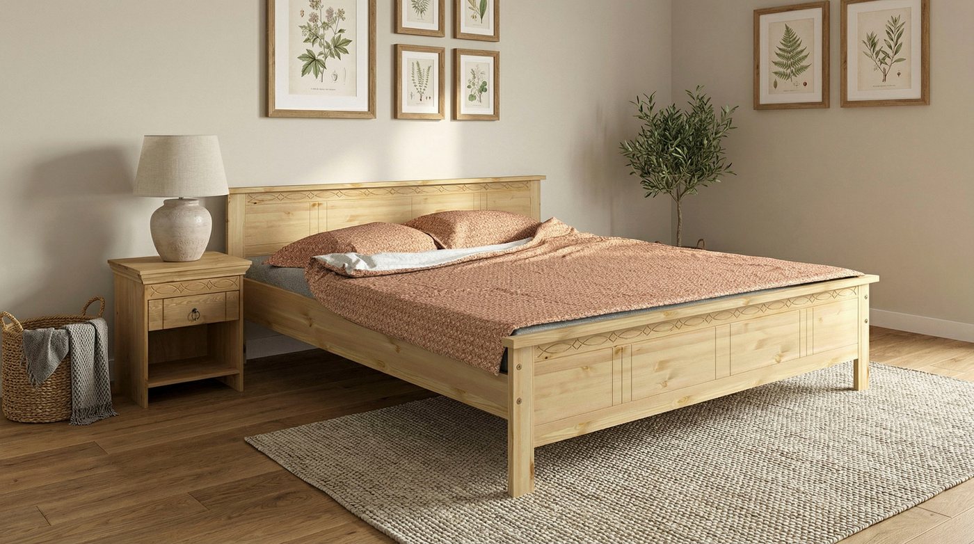 OTTO home Massivholzbett Indra, Landhausstil, edles Design,zertifiziertes Massivholz (Breite/Belastbarkeit 180cm/220 KG, 140cm/180 KG, 90cm/120 KG), mit Kopfteil, mit dekorativen Fräsungen, aus Kiefer