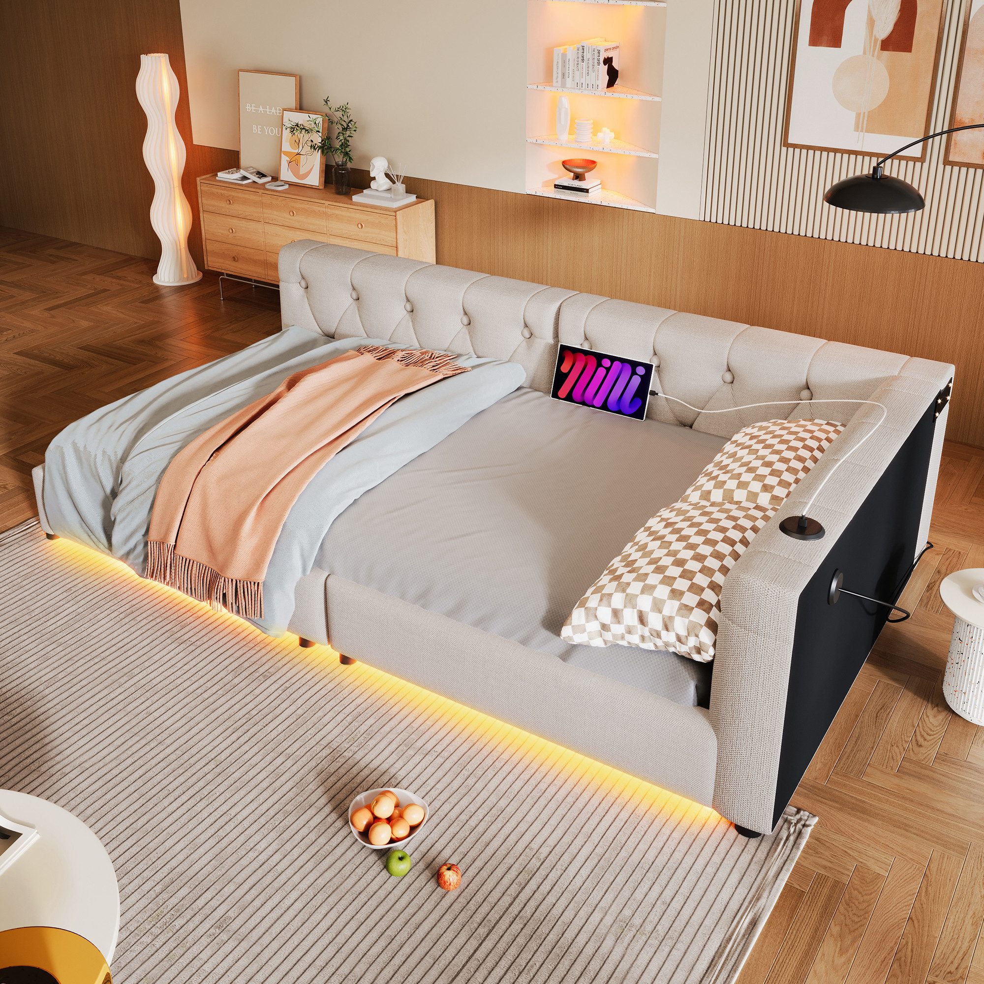 Flieks Daybett, Daybett Schlafsofa Einzelbett Tagesbett 90x200cm mit USB-Aufladen