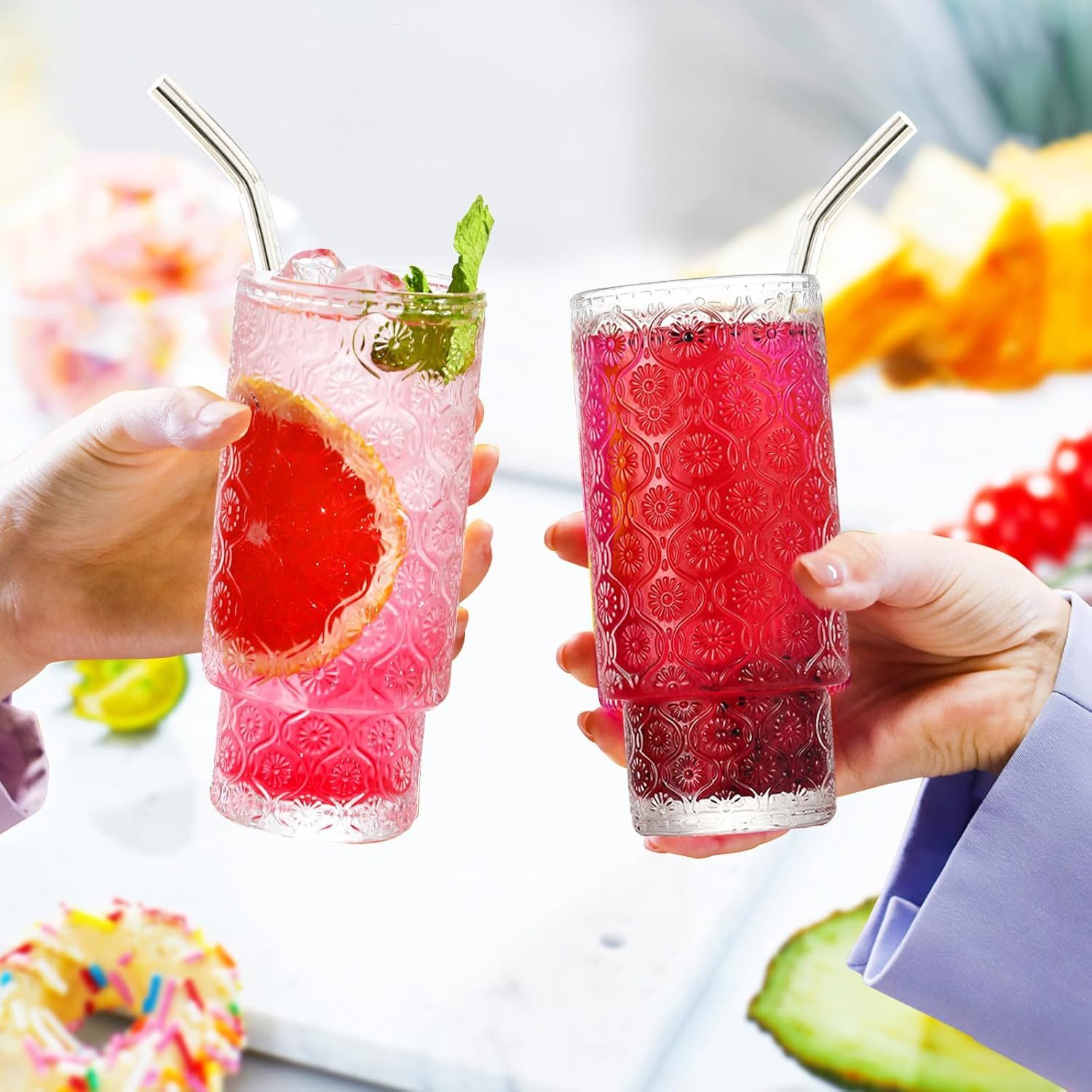 LA CUTE Cocktailglas 4er Cocktailgläser 350ml mit Deckel & Glasstrohhalm – stapelbar, Glas, Stapelbare Cocktailgläser mit Deckel & Strohhalm aus Glas