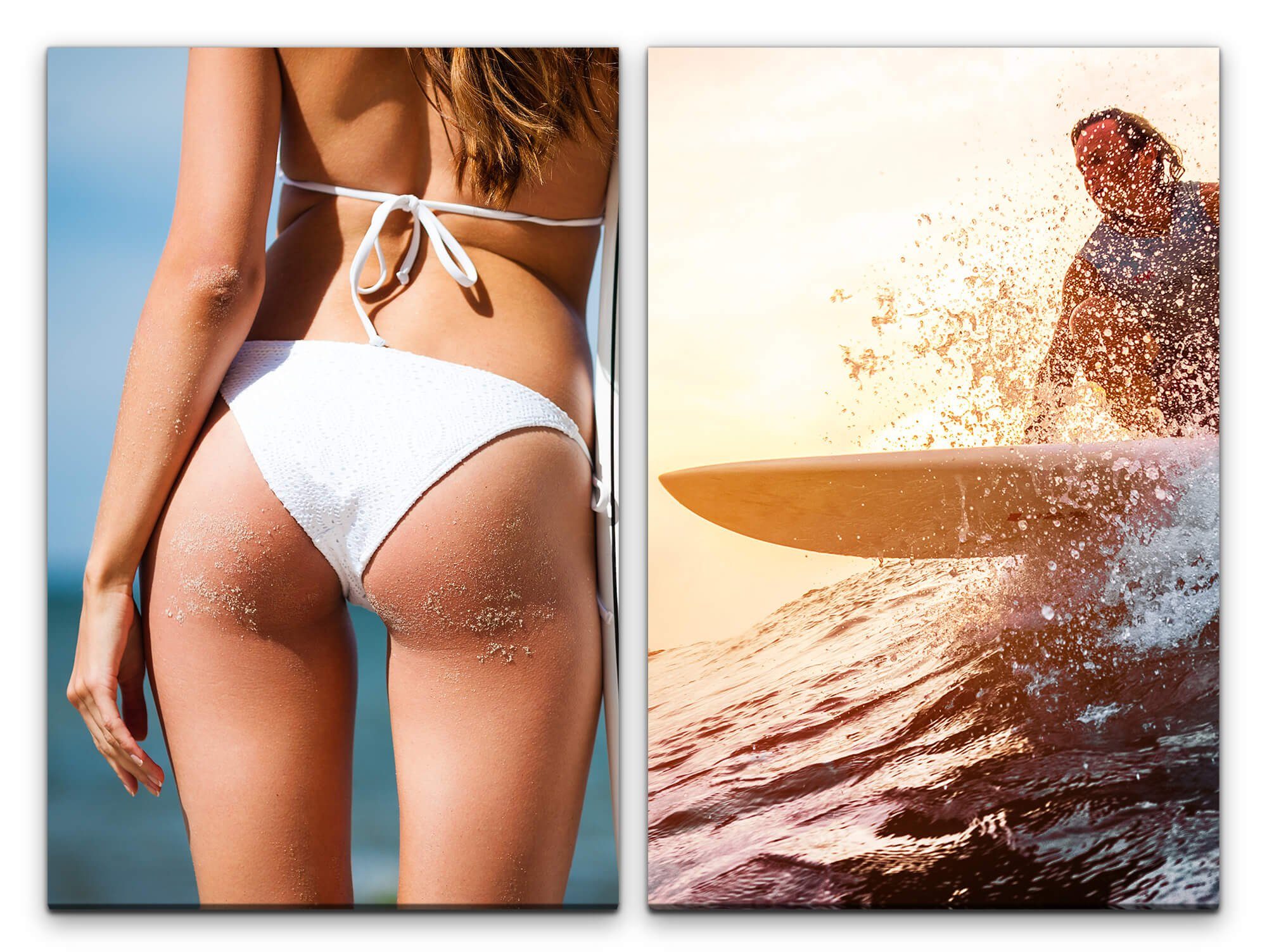 Leinwandbild 2 Bilder je 60x90cm Bikini Surferin Meer Sommer Sport Sexy Wellenreiten