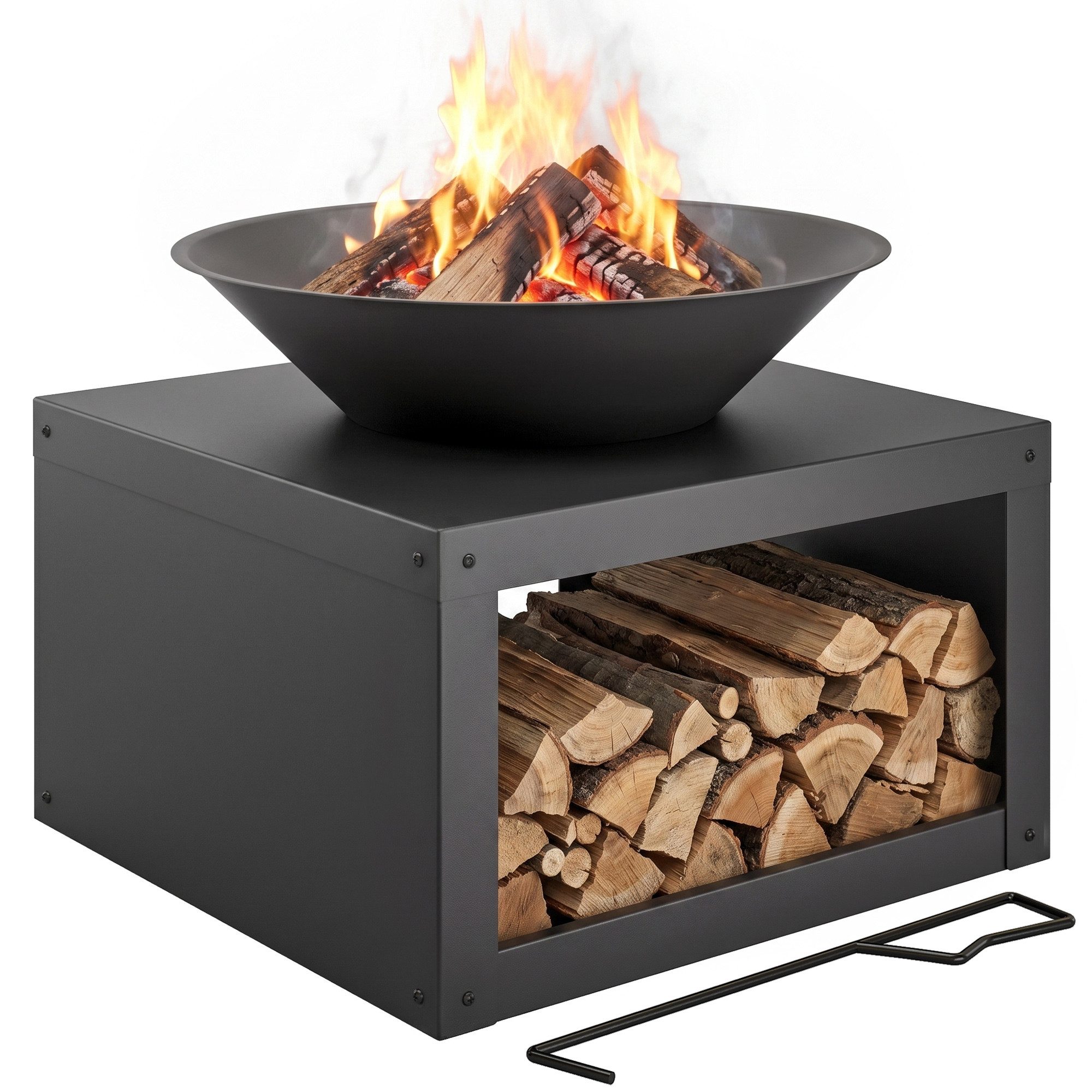 Outsunny Feuerschale Ø59 cm Feuerstelle mit Holzablage, Schürhaken Holz & Kohle nutzbar, (Set, 1-St., Outdoor Feuerkorb), für Garten Terrasse Schwarz
