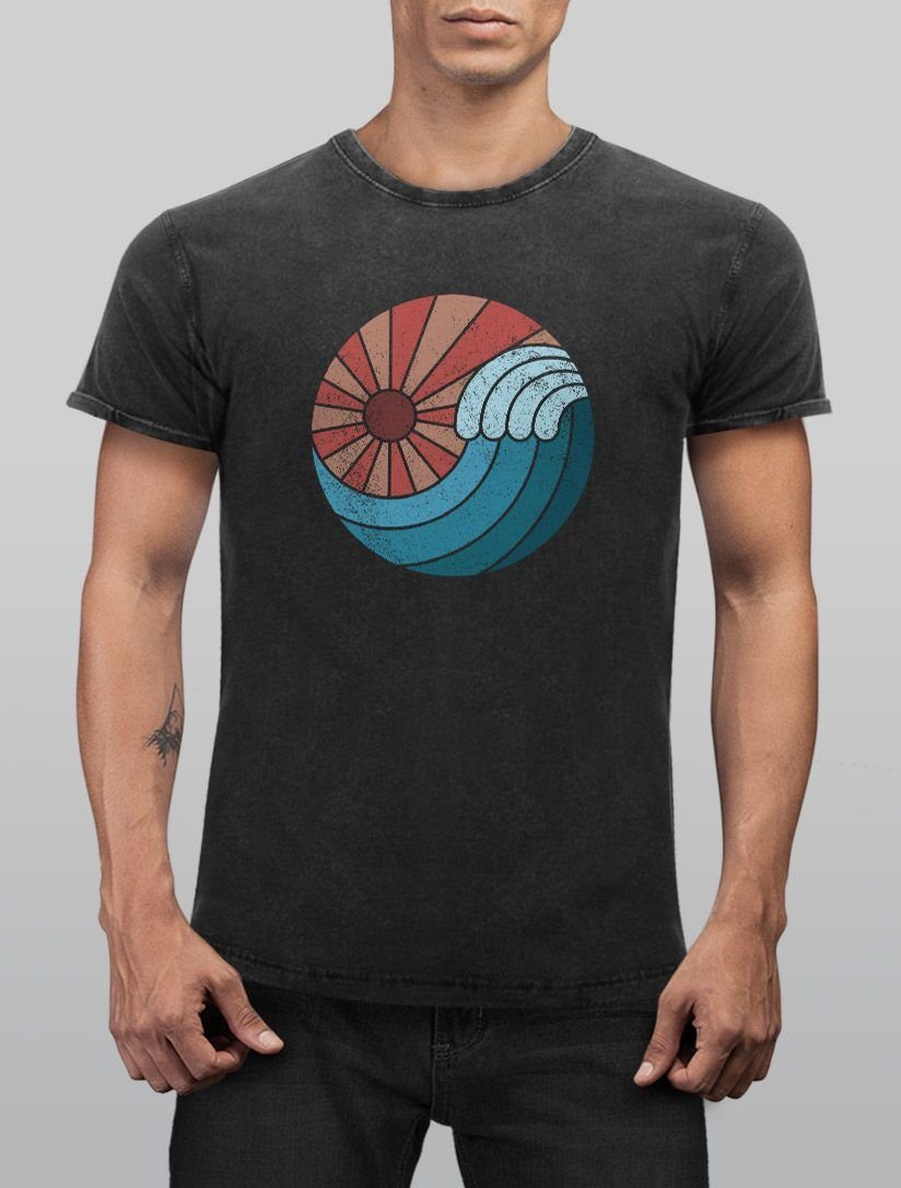 Used Sonne Herren T-Shirt Welle Neverless® Look Sommer Vintage Wave Printshirt Aufdruck Shirt Neverless Print-Shirt mit Retro Print