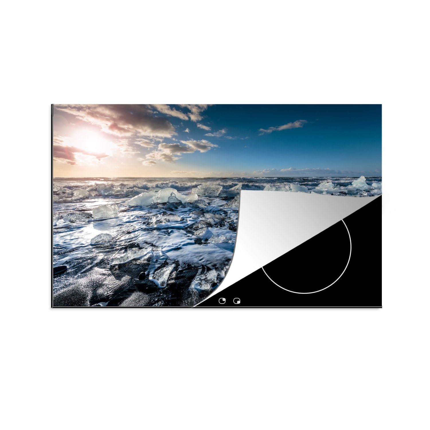 MuchoWow Herdblende-/Abdeckplatte Große Eisbrocken an einem Strand im isländischen, Vinyl, (1 tlg), 81x52 cm, Induktionskochfeld Schutz für die küche, Ceranfeldabdeckung