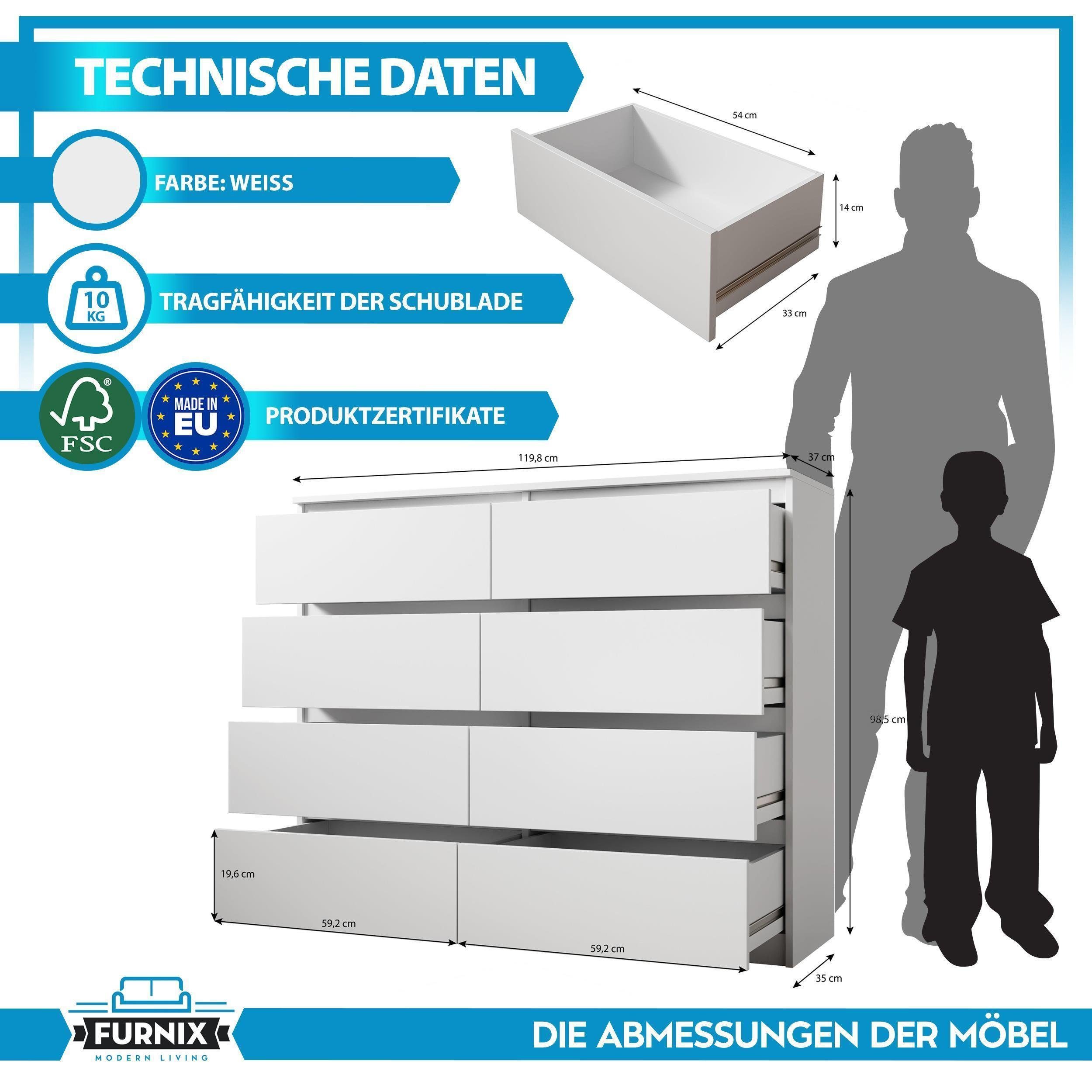 Furnix Hochkommode ARENAL 8 mit x x viel cm Weiß B119,8 multifunktional T35 Schubladen, H98,5 Stauraum