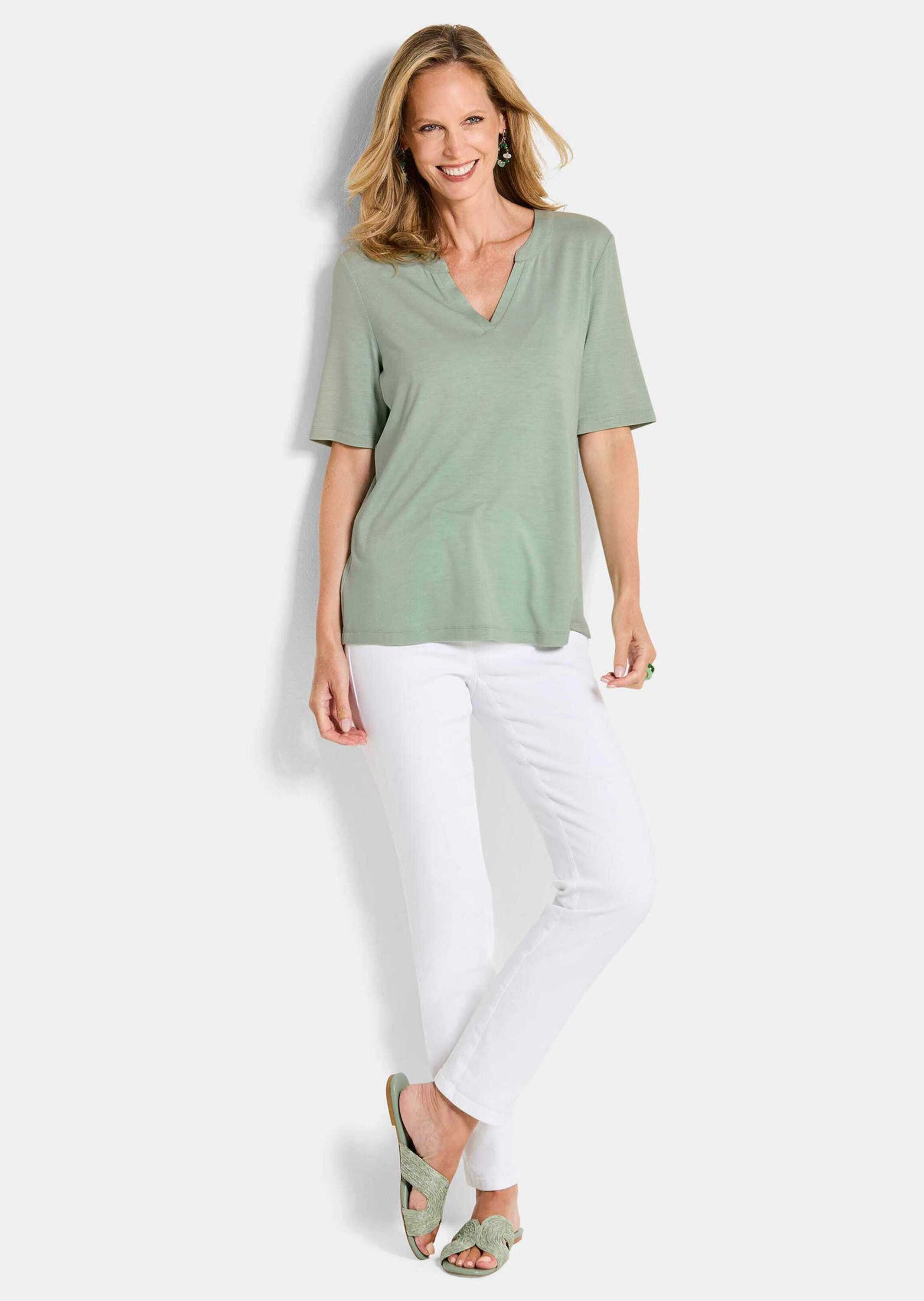 GOLDNER T-Shirt Jerseyshirt mit Blende Basicshirt mit Rundhals mit V-Ausschnitt und Halbarm